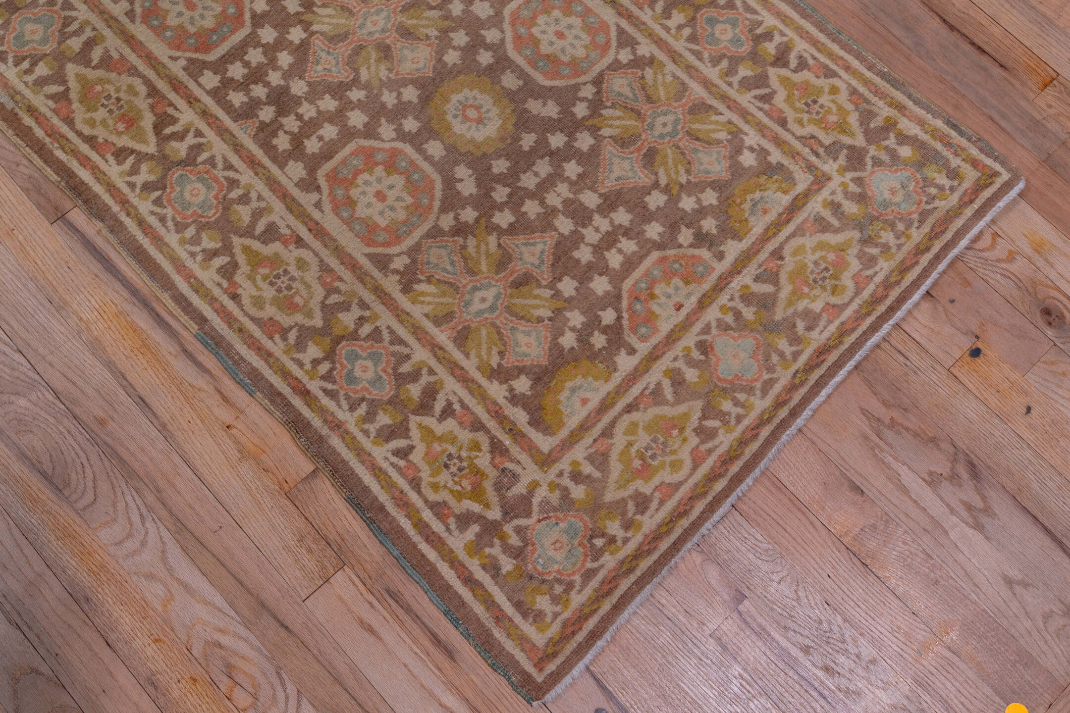 2' x 15' one-of-a-kind handmade vintage Tabriz runner rug. Color palette: brown, off-white, pink, snow, white, whitesmoke
