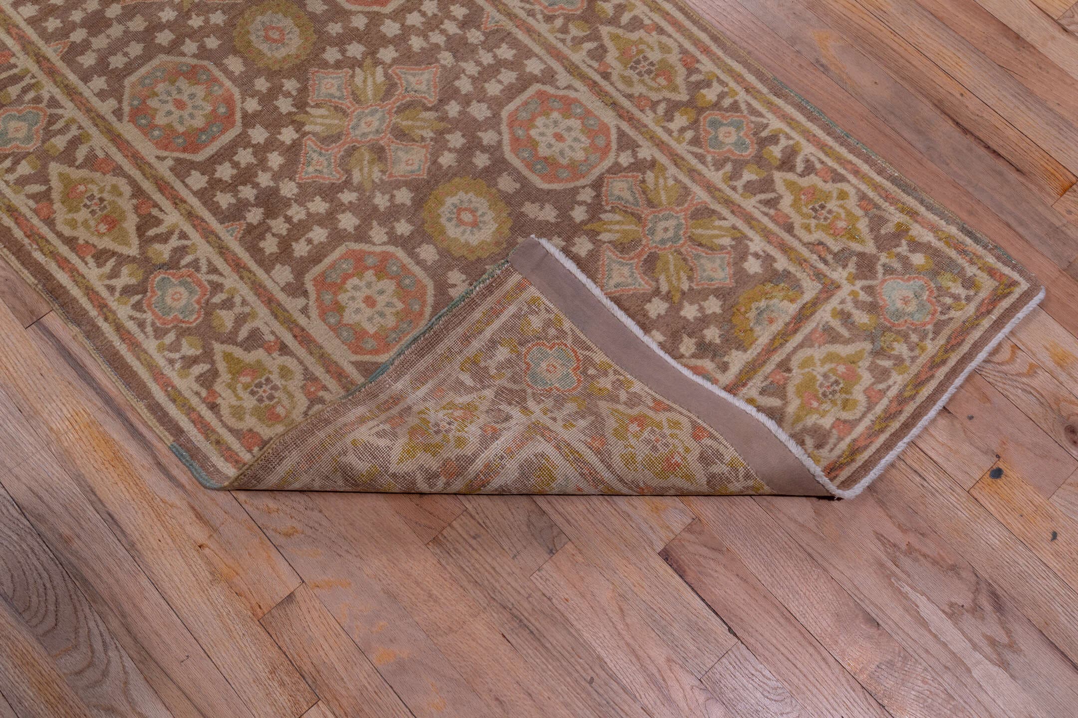 2' x 15' one-of-a-kind handmade antique Tabriz runner rug. Color palette: brown, ivory, rust, gold, camel, slate, taupe