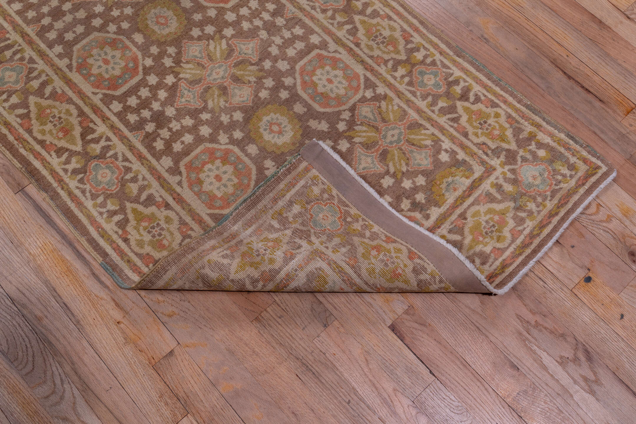 2' x 15' one-of-a-kind handmade vintage Tabriz runner rug. Color palette: brown, off-white, pink, snow, white, whitesmoke