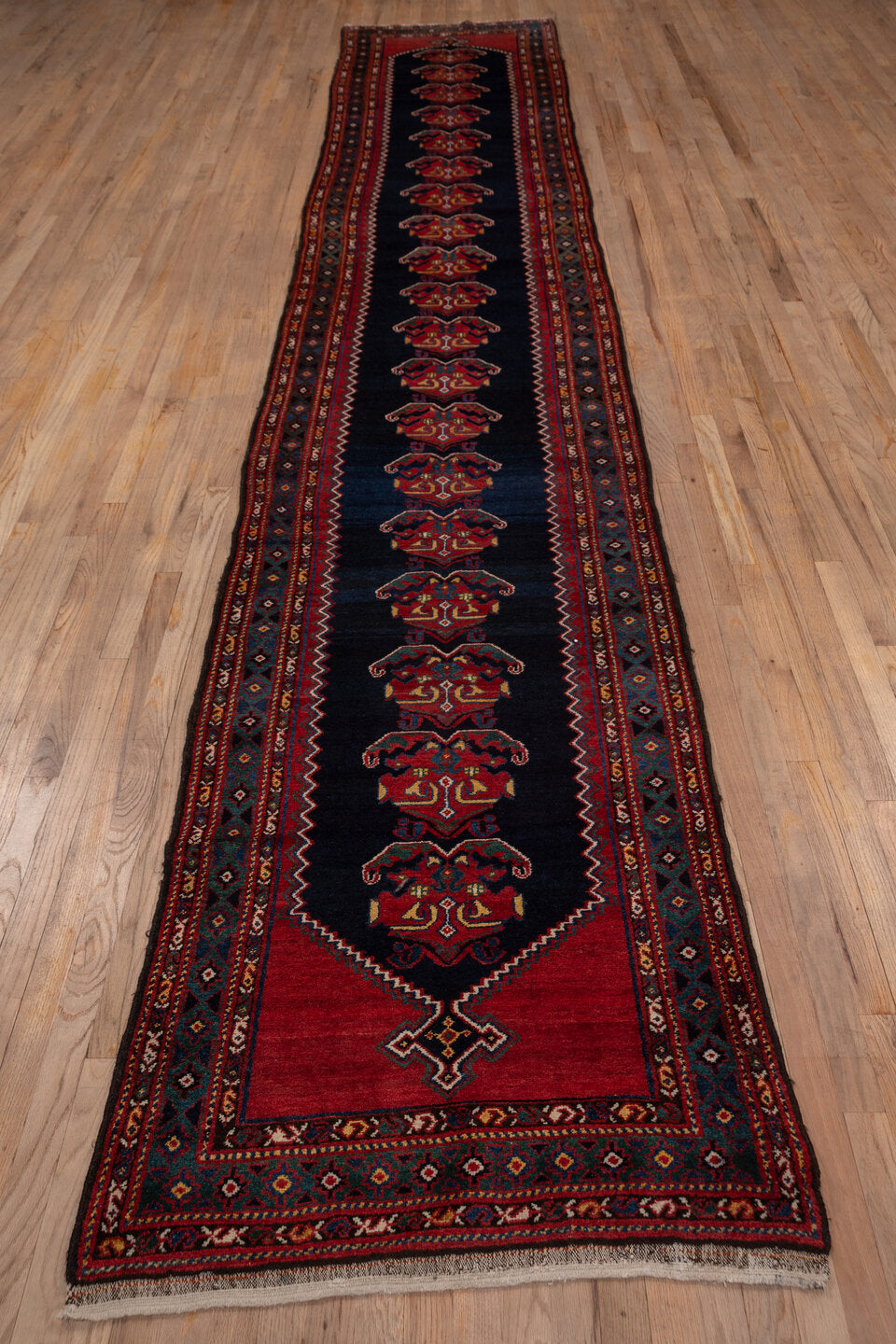 3' x 16' one-of-a-kind handmade vintage Malayer runner rug. Color palette: blue, brown, gray, off-white, pink, red, snow