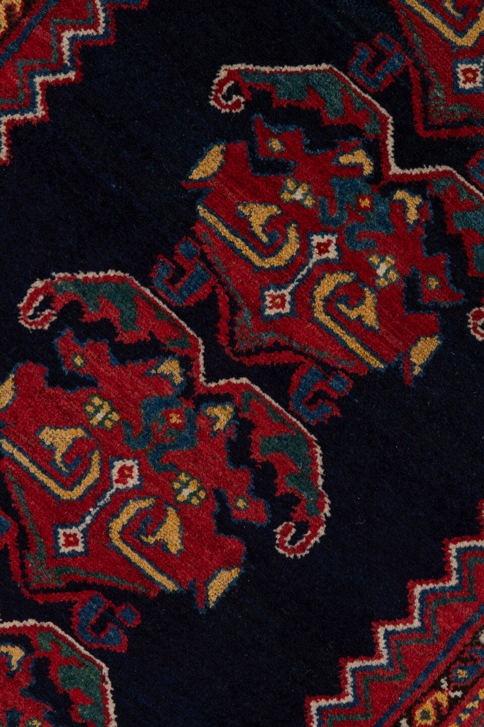 3' x 16' one-of-a-kind handmade vintage Malayer runner rug. Color palette: blue, brown, gray, off-white, pink, red, snow