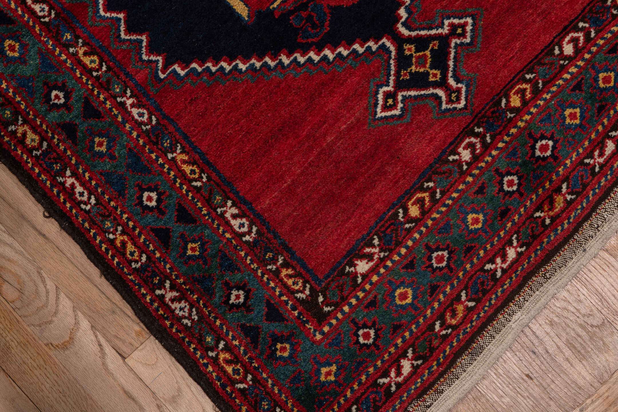 3' x 16' one-of-a-kind handmade antique Malayer runner rug. Color palette: indigo, rust, crimson, ivory, navy, terra cotta