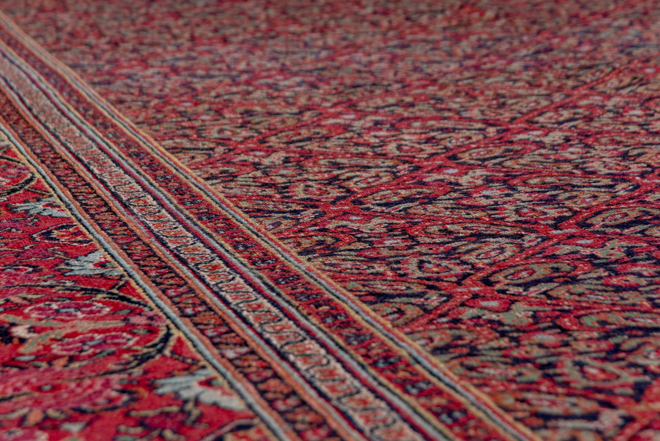 7' x 20' one-of-a-kind handmade antique Khorassan rug. Color palette: rose, navy, burgundy, ivory, dusty pink, taupe