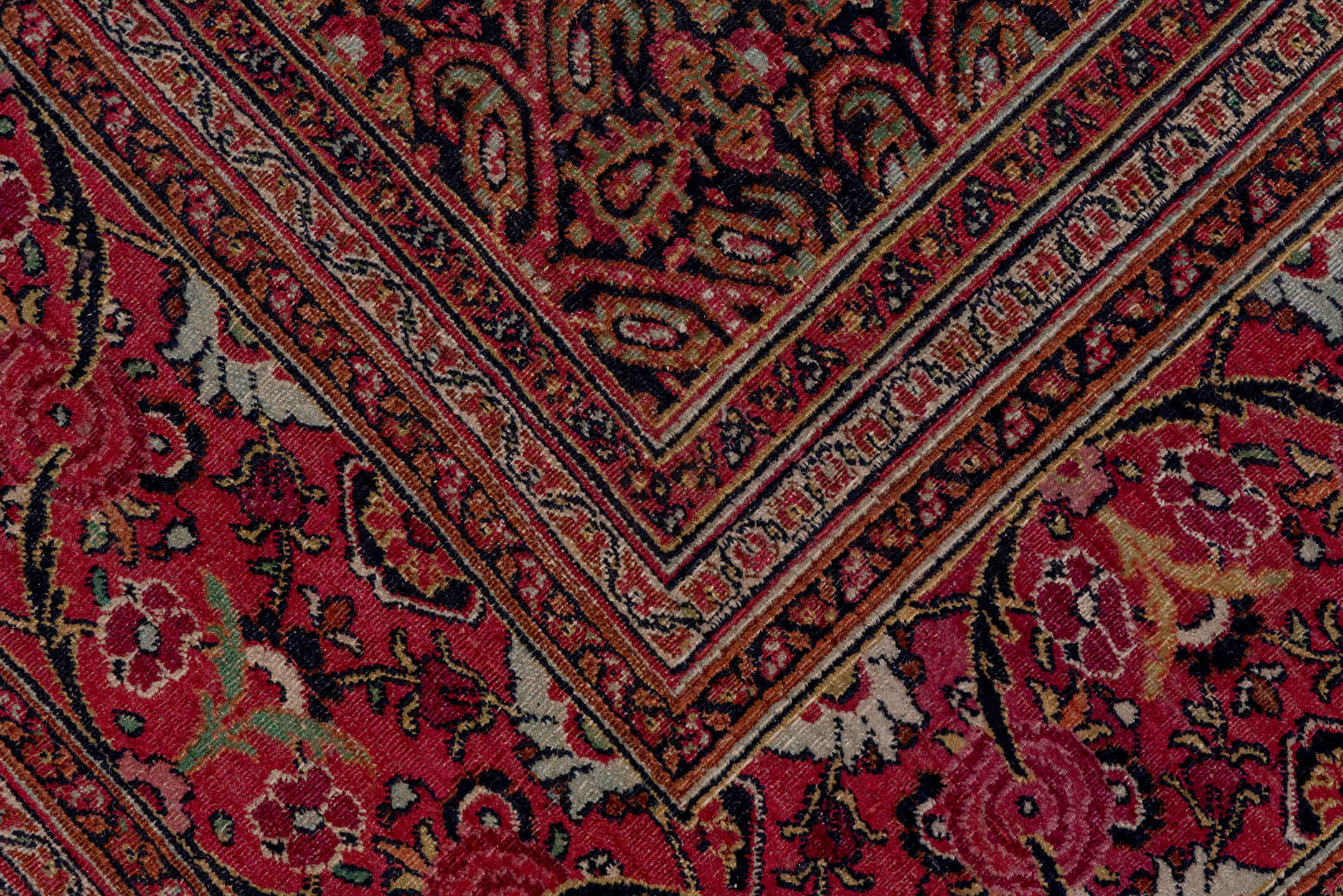 7' x 20' one-of-a-kind handmade antique Khorassan rug. Color palette: rose, navy, burgundy, ivory, dusty pink, taupe