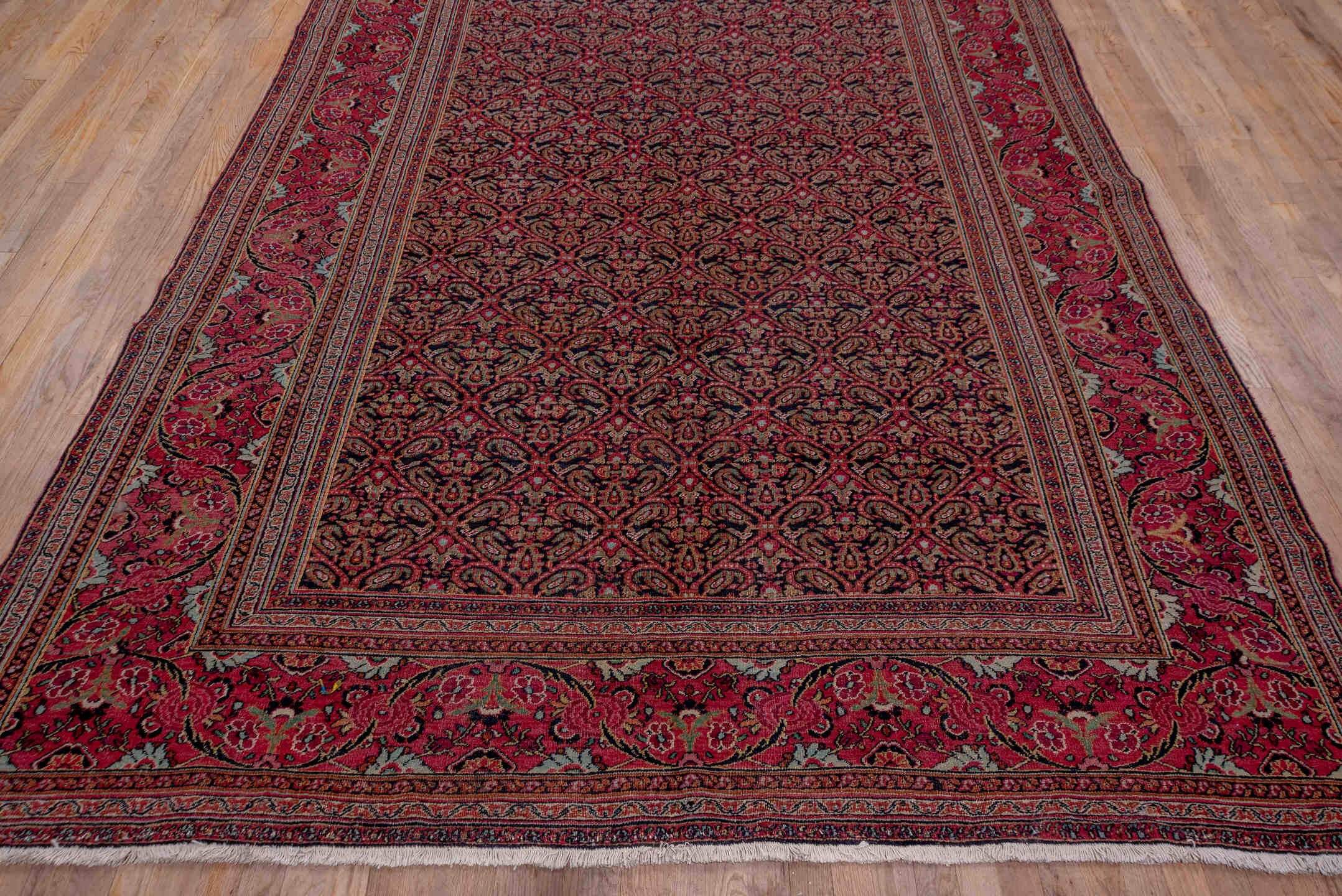 7' x 20' one-of-a-kind handmade antique Khorassan rug. Color palette: rose, navy, burgundy, ivory, dusty pink, taupe