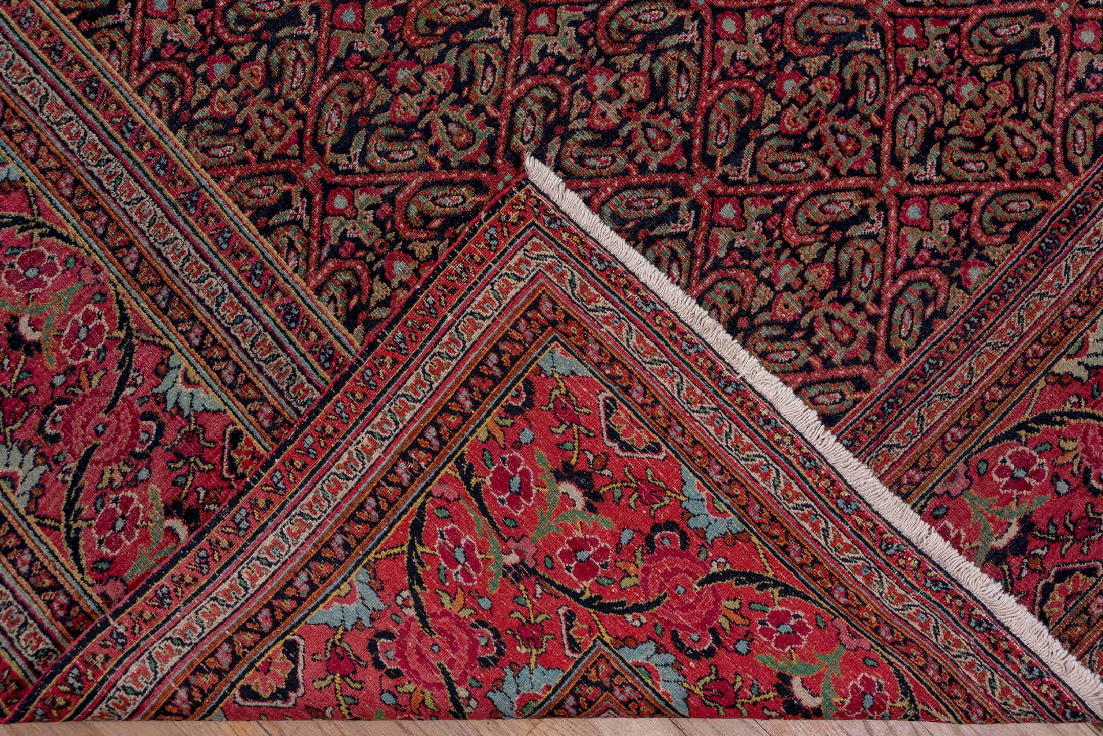 7' x 20' one-of-a-kind handmade antique Khorassan rug. Color palette: rose, navy, burgundy, ivory, dusty pink, taupe