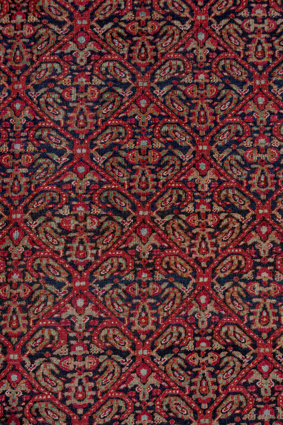 7' x 20' one-of-a-kind handmade antique Khorassan rug. Color palette: rose, navy, burgundy, ivory, dusty pink, taupe