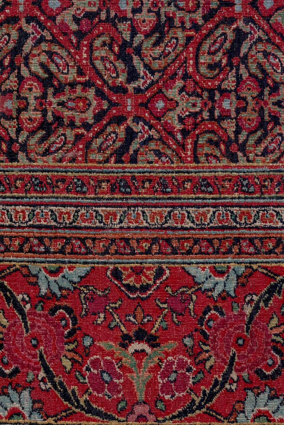7' x 20' one-of-a-kind handmade antique Khorassan rug. Color palette: rose, navy, burgundy, ivory, dusty pink, taupe