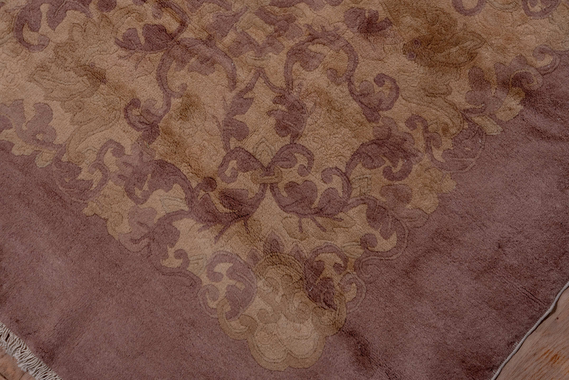 12' x 20' one-of-a-kind handmade antique Chinese oversize rug. Color palette: rose, taupe, beige, mauve, dusty lavender