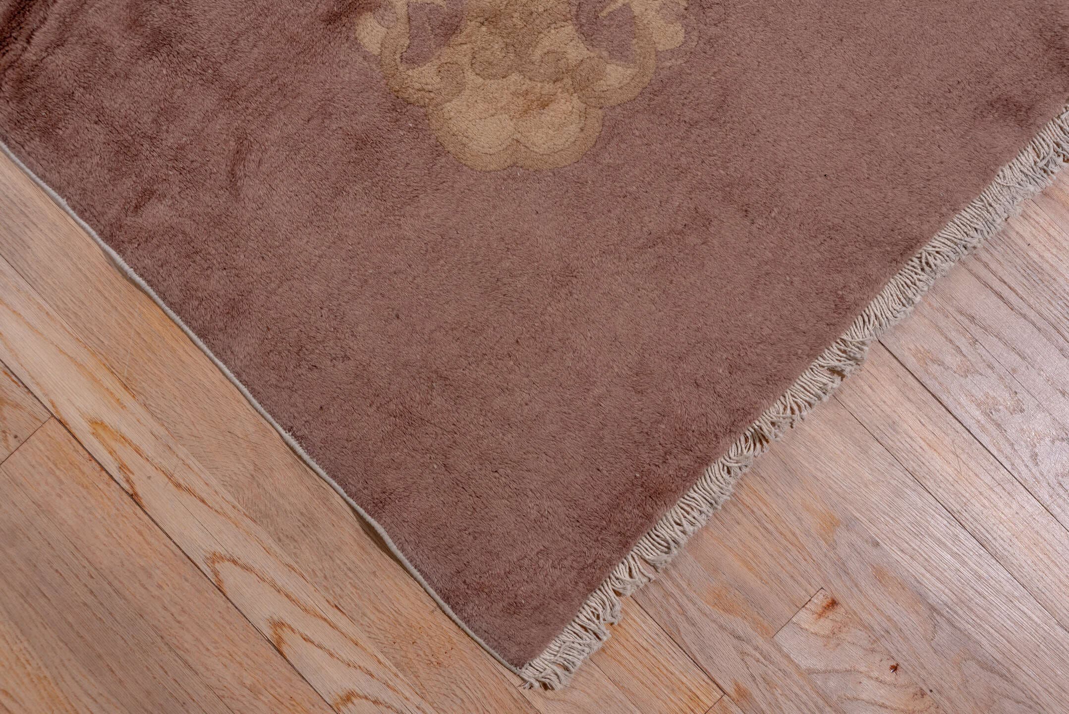 12' x 20' one-of-a-kind handmade antique Chinese oversize rug. Color palette: rose, taupe, beige, mauve, dusty lavender