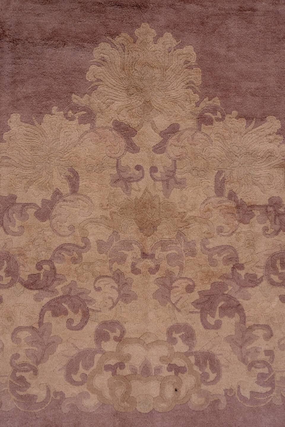 12' x 20' one-of-a-kind handmade antique Chinese oversize rug. Color palette: rose, taupe, beige, mauve, dusty lavender