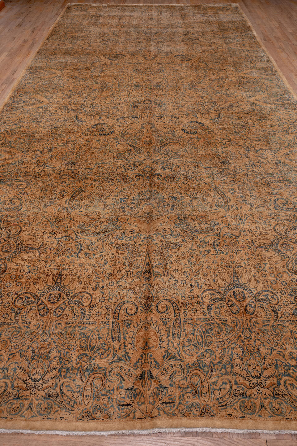 8' x 19' one-of-a-kind handmade antique Kerman rug. Color palette: peach, ivory, blue_gray, taupe, camel, slate, terracotta