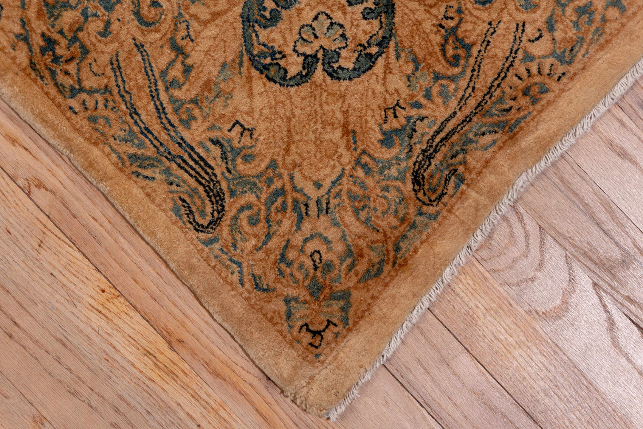 8' x 19' one-of-a-kind handmade antique Kerman rug. Color palette: peach, ivory, blue_gray, taupe, camel, slate, terracotta