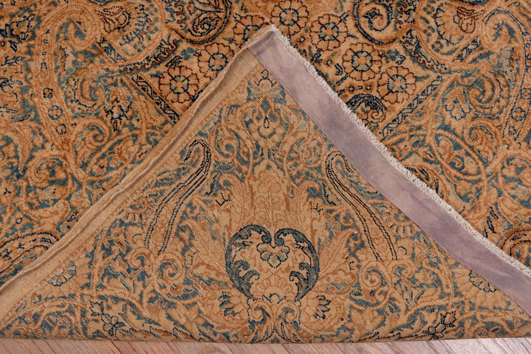 8' x 19' one-of-a-kind handmade antique Kerman rug. Color palette: peach, ivory, blue_gray, taupe, camel, slate, terracotta
