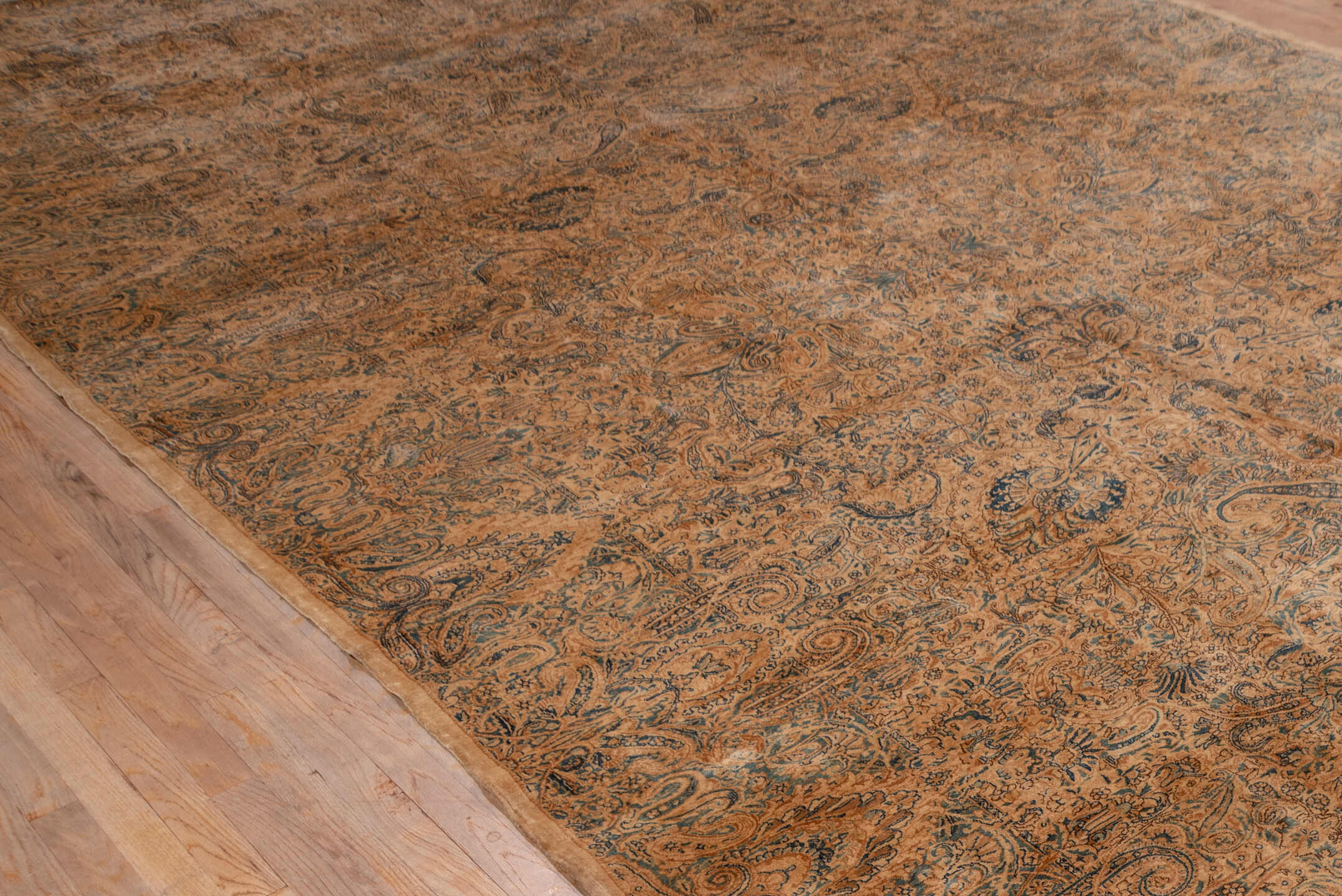8' x 19' one-of-a-kind handmade antique Kerman rug. Color palette: peach, ivory, blue_gray, taupe, camel, slate, terracotta