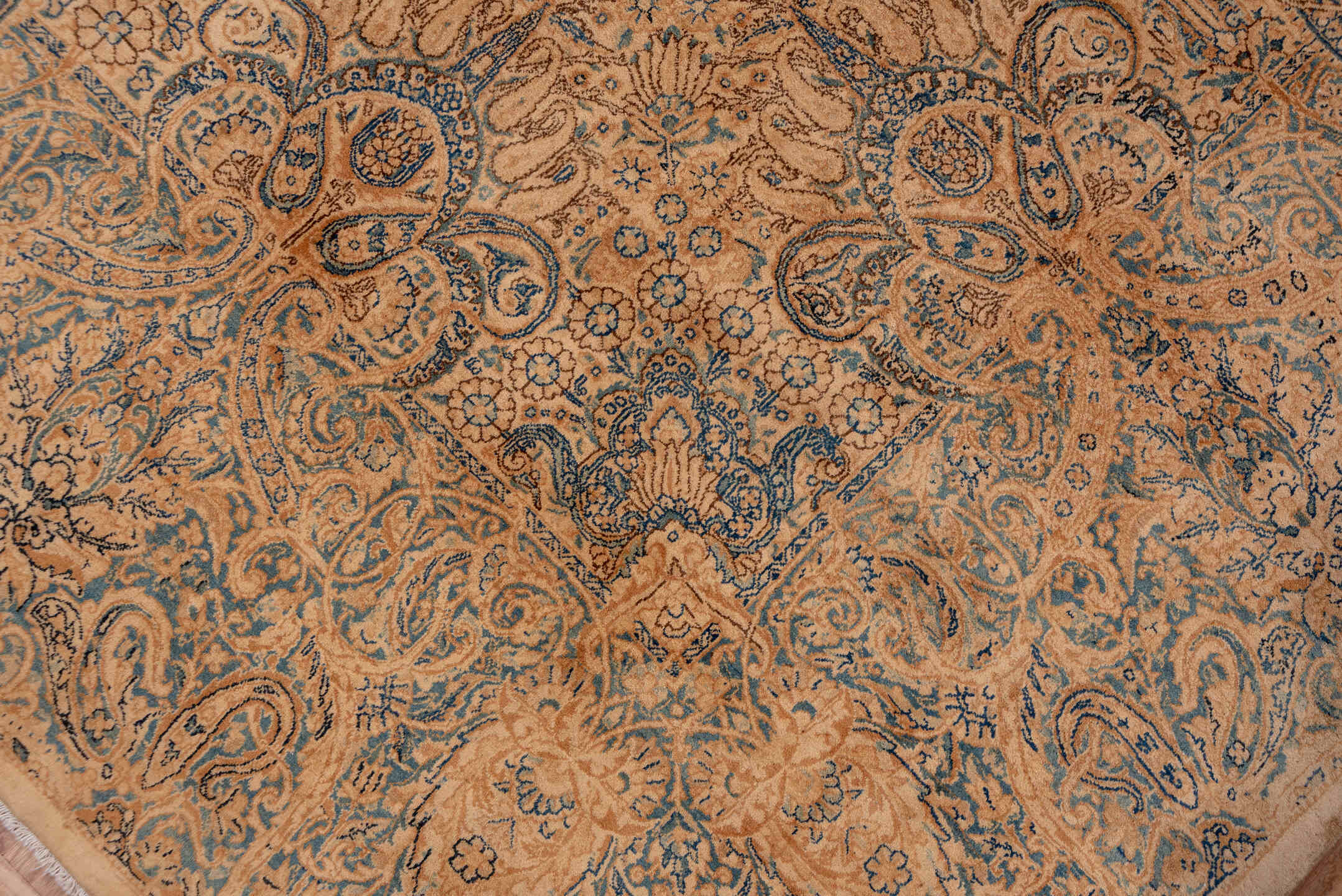 8' x 19' one-of-a-kind handmade antique Kerman rug. Color palette: peach, ivory, blue_gray, taupe, camel, slate, terracotta