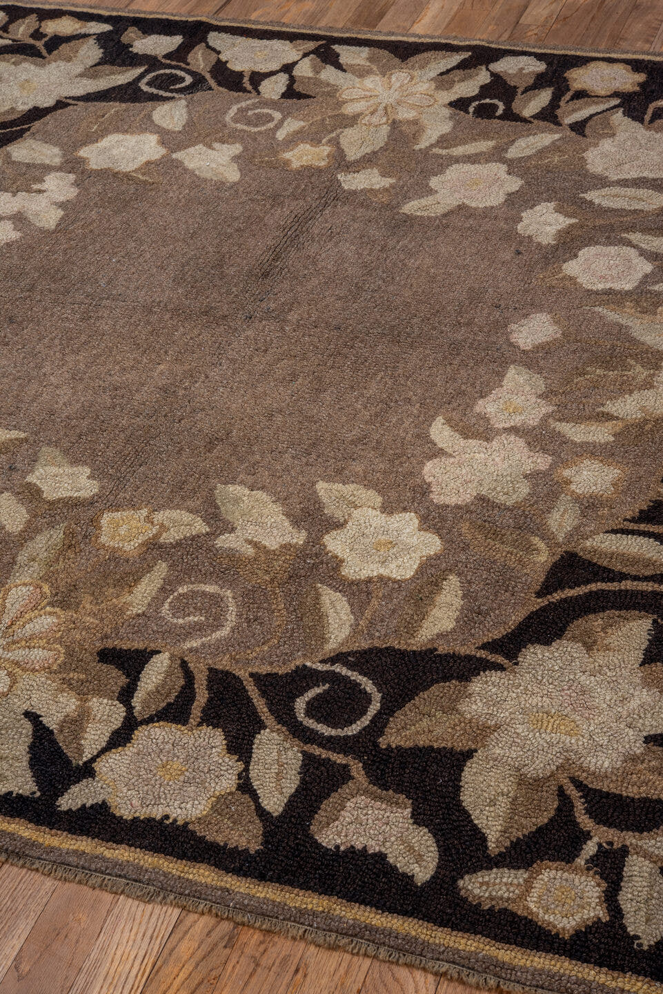 5' x 5' one-of-a-kind handmade antique Hooked rug. Color palette: taupe, brown, ivory, beige, cream, camel, gray