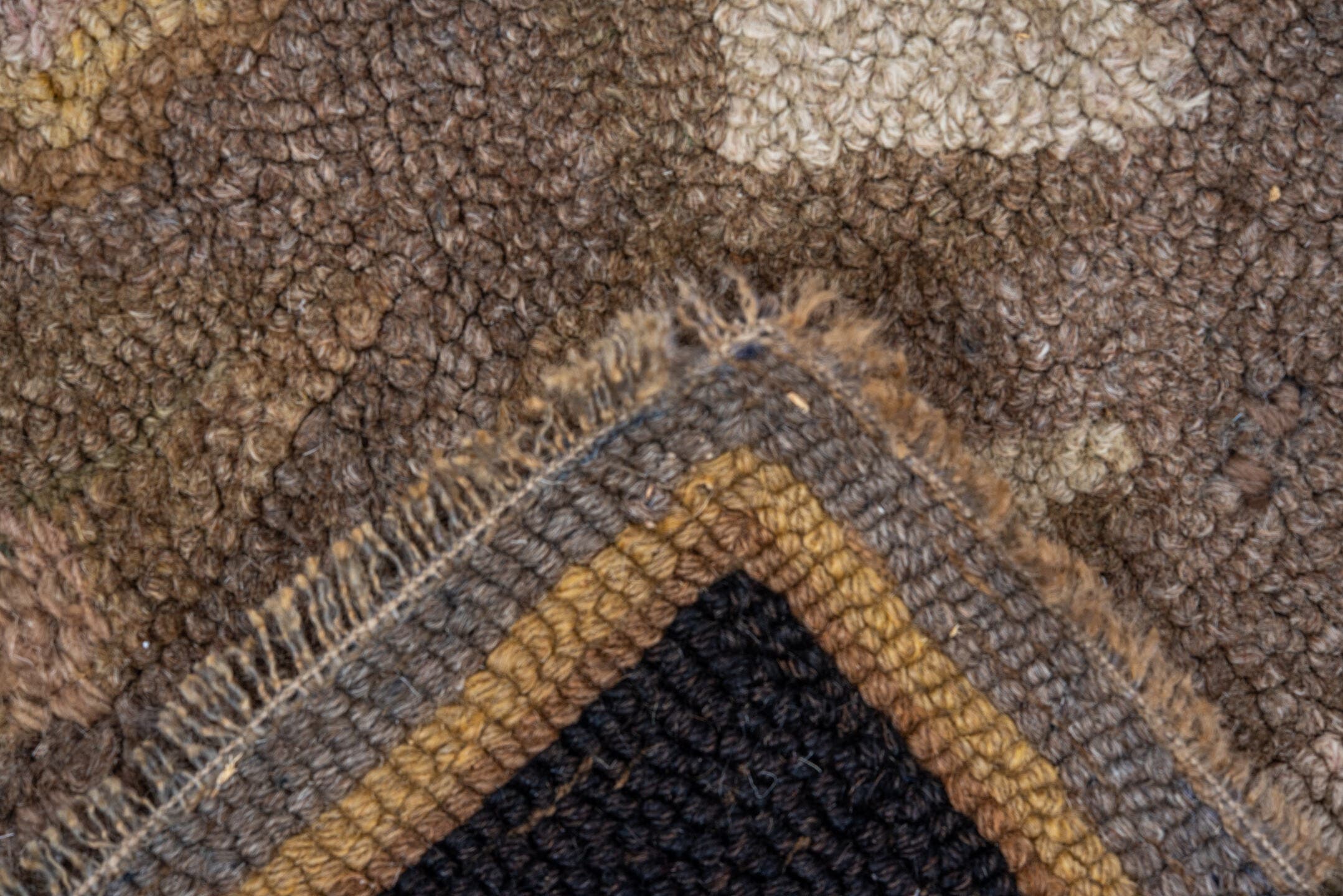 5' x 5' one-of-a-kind handmade antique Hooked rug. Color palette: taupe, brown, ivory, beige, cream, camel, gray