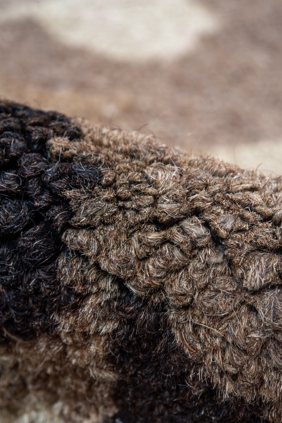 5' x 5' one-of-a-kind handmade antique Hooked rug. Color palette: taupe, brown, ivory, beige, cream, camel, gray
