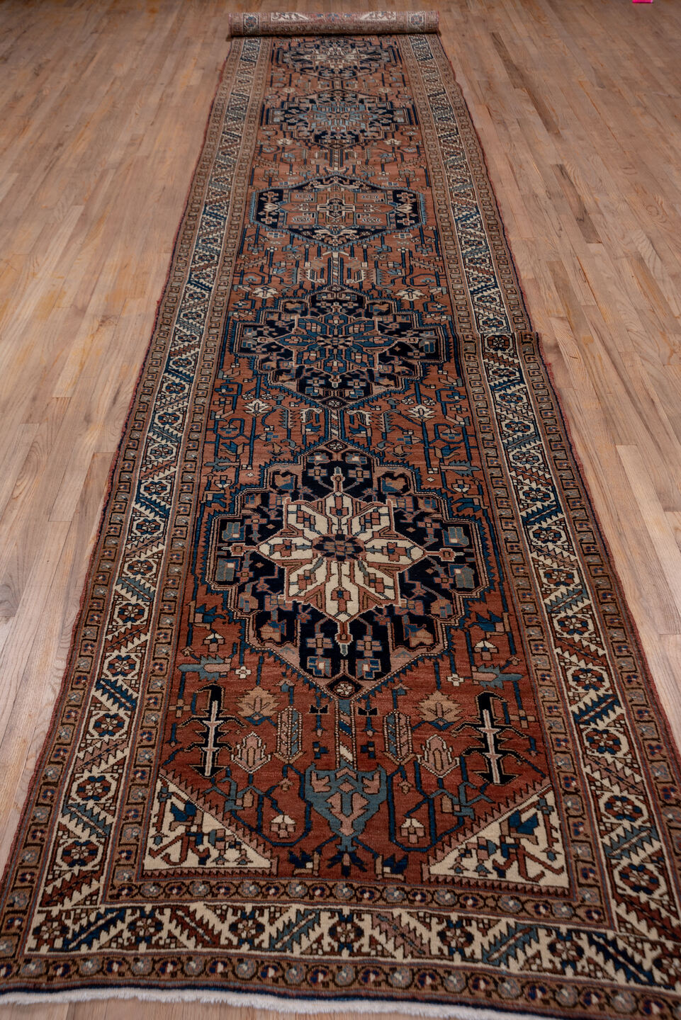 4' x 18' one-of-a-kind handmade vintage Heriz runner rug. Color palette: black, blue, brown, charcoal, dim gray, gray, pink