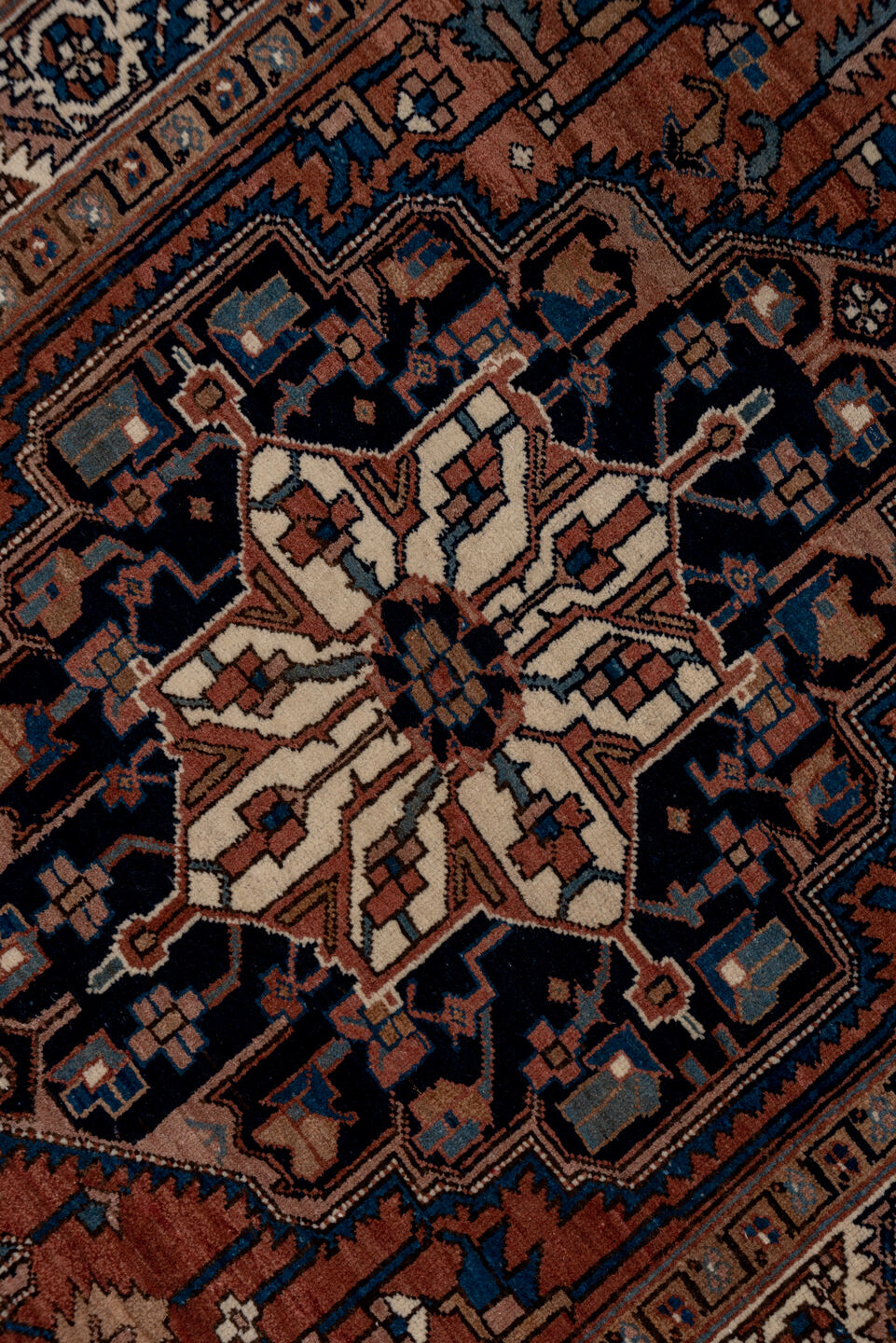 4' x 18' one-of-a-kind handmade vintage Heriz runner rug. Color palette: black, blue, brown, charcoal, dim gray, gray, pink