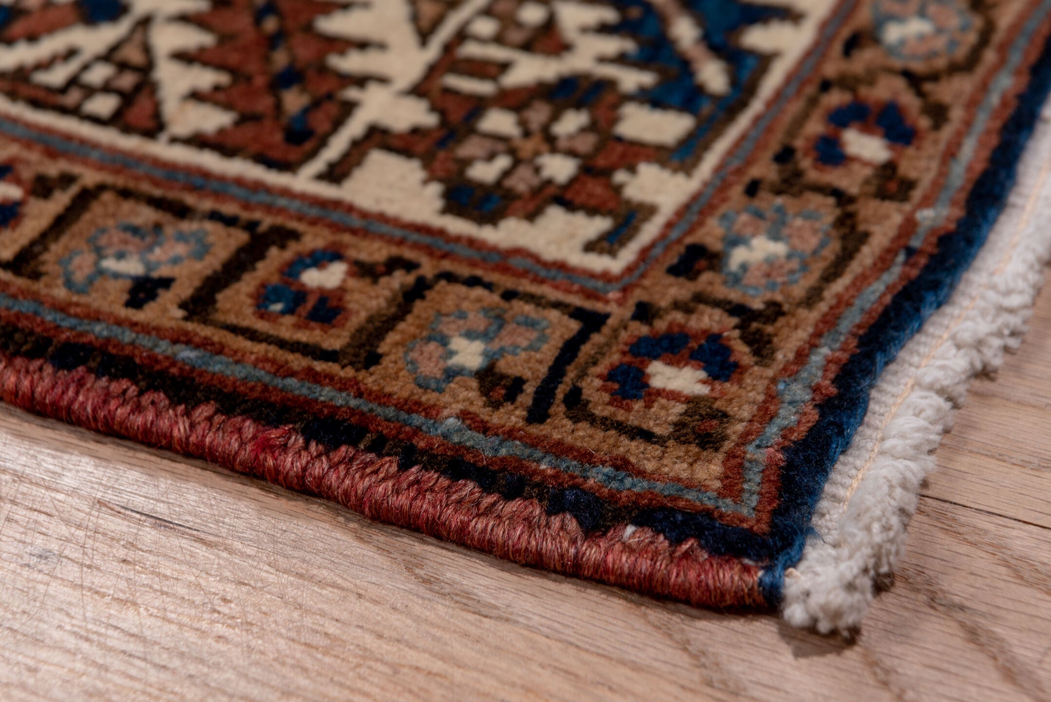 4' x 18' one-of-a-kind handmade vintage Heriz runner rug. Color palette: black, blue, brown, charcoal, dim gray, gray, pink