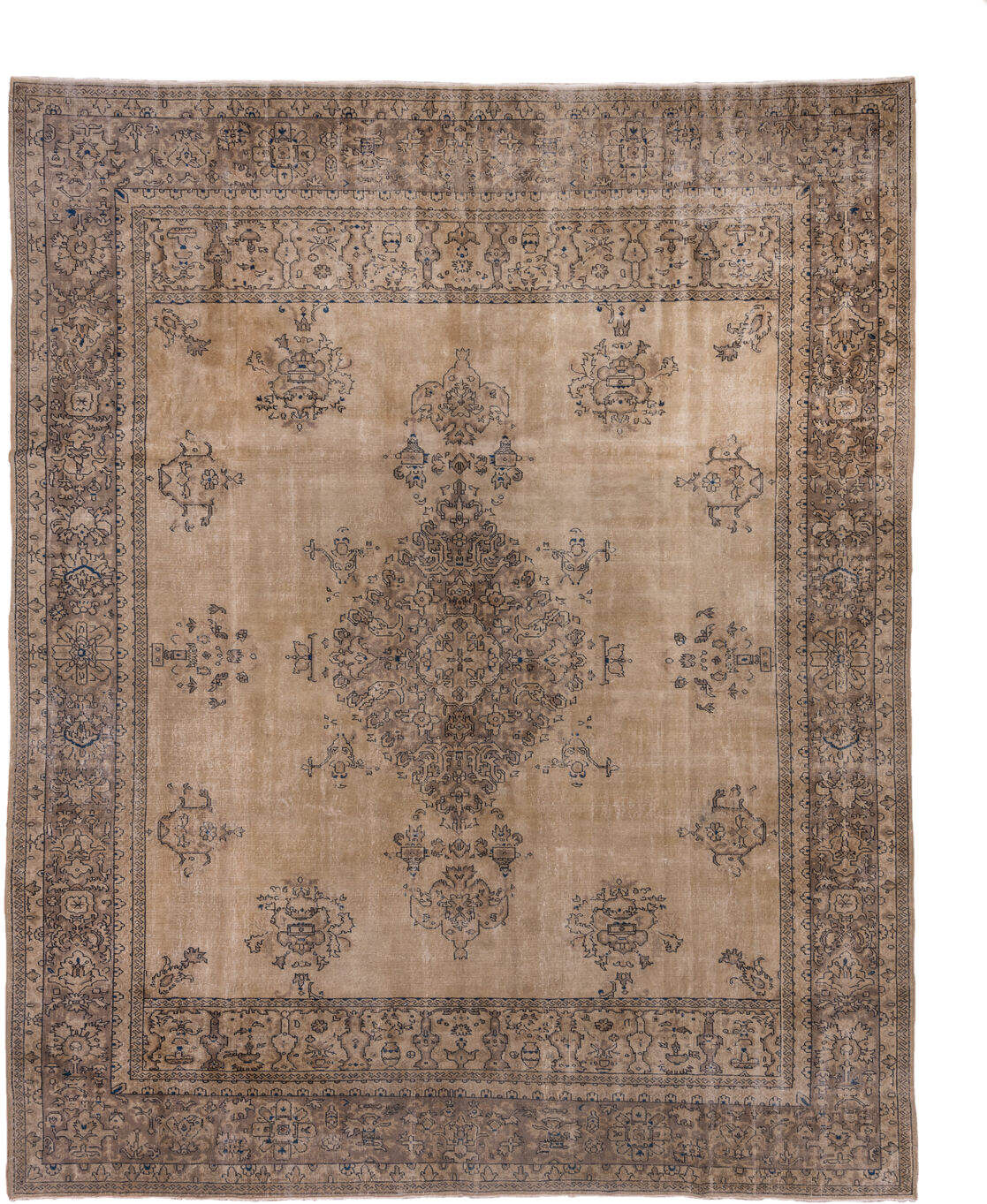 10' x 13' one-of-a-kind handmade antique Sparta large size rug. Color palette: camel, taupe, brown, slate, ivory, charcoal