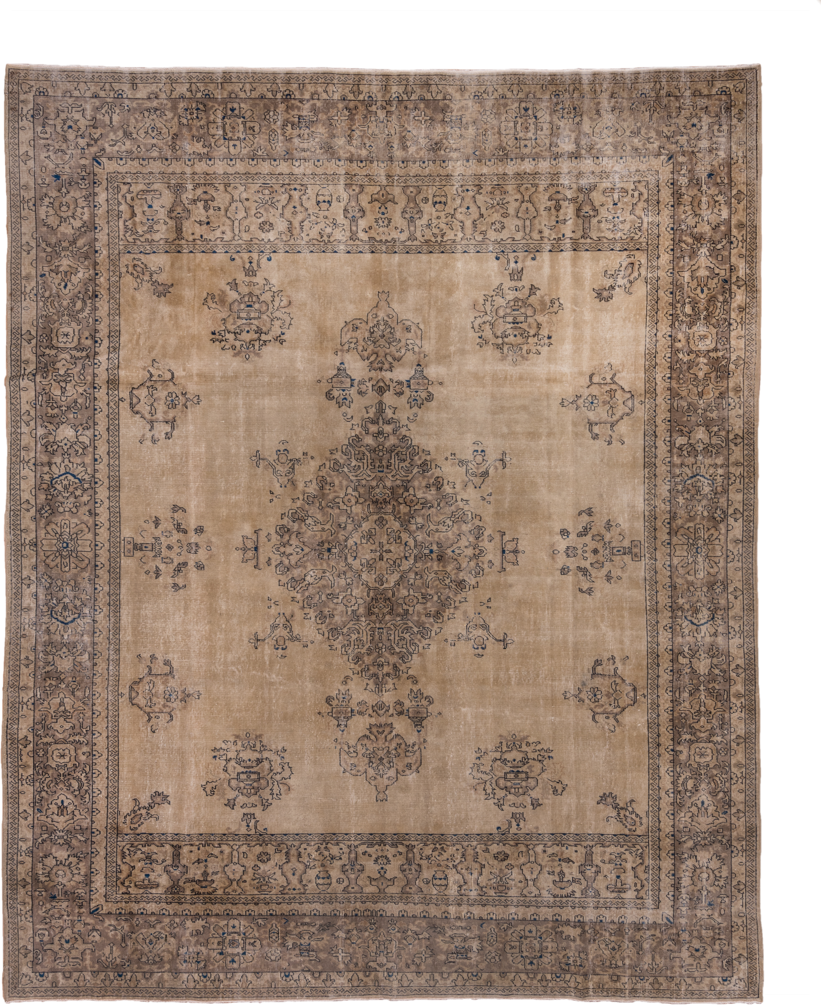 10' x 13' one-of-a-kind handmade antique Sparta large size rug. Color palette: camel, taupe, brown, slate, ivory, charcoal