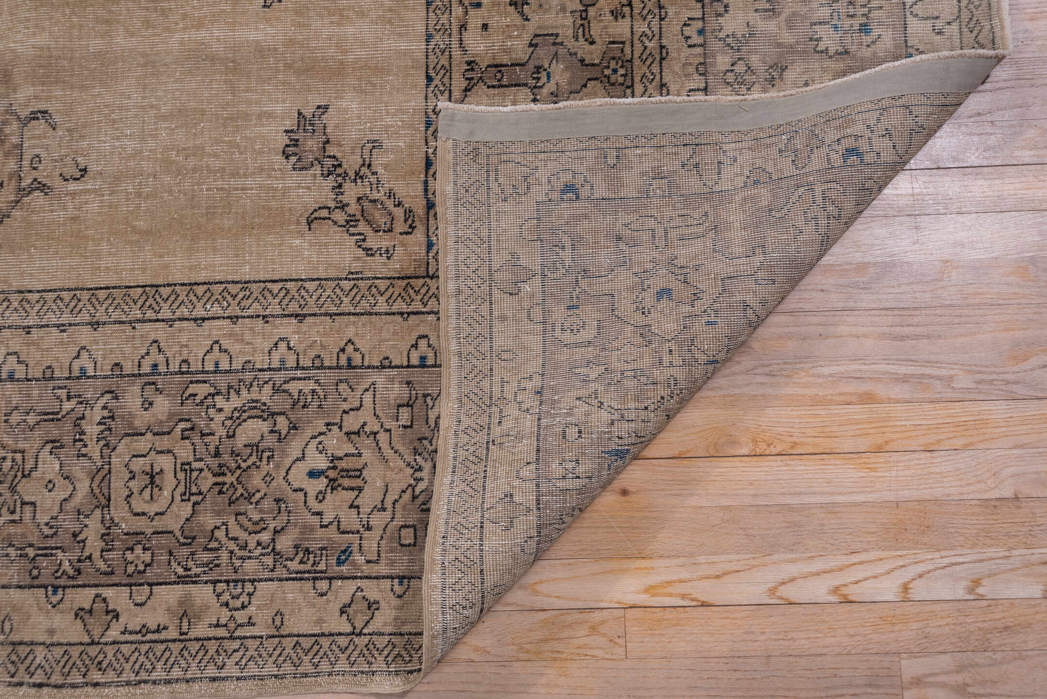10' x 13' one-of-a-kind handmade antique Sparta large size rug. Color palette: camel, taupe, brown, slate, ivory, charcoal