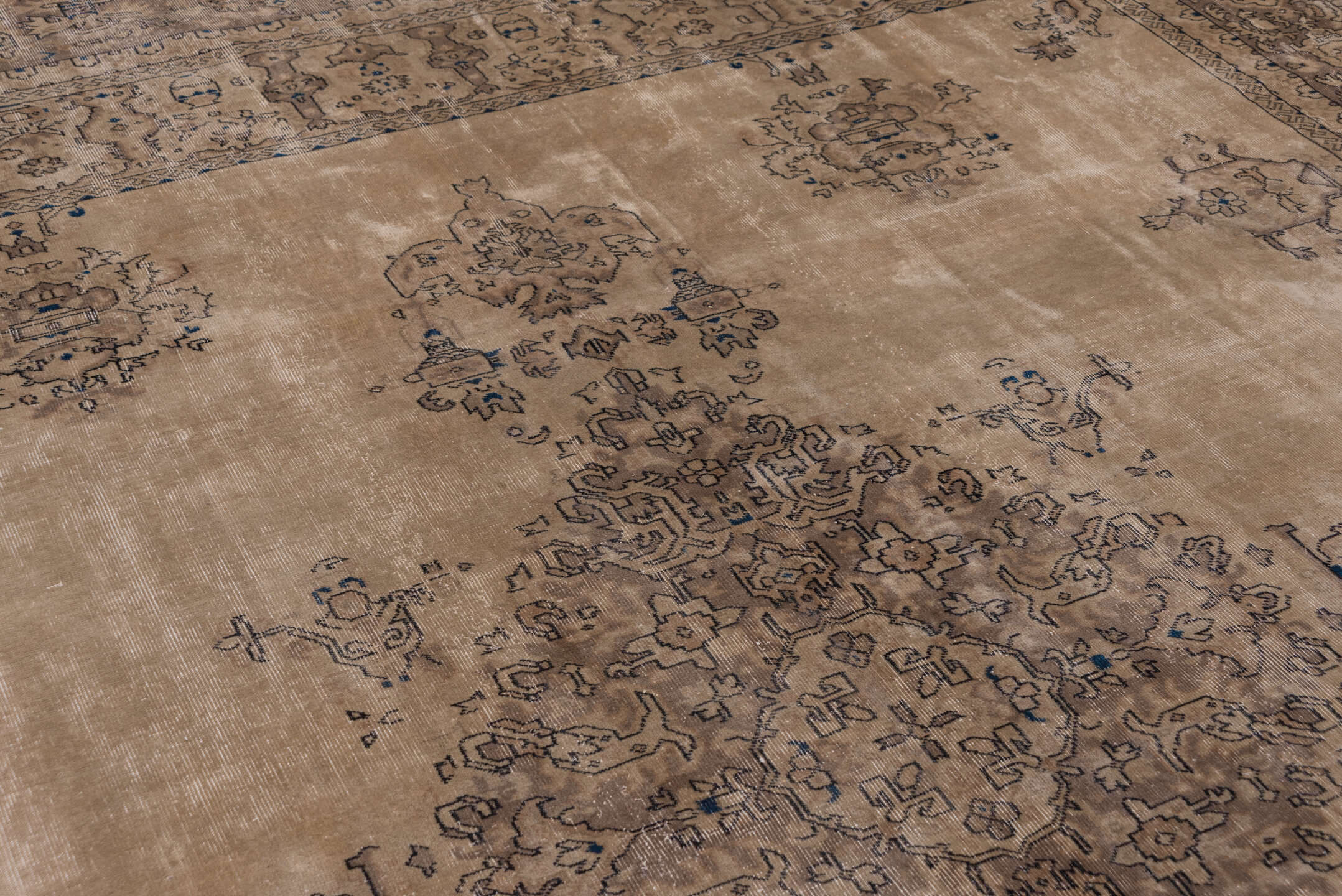 10' x 13' one-of-a-kind handmade antique Sparta large size rug. Color palette: camel, taupe, brown, slate, ivory, charcoal