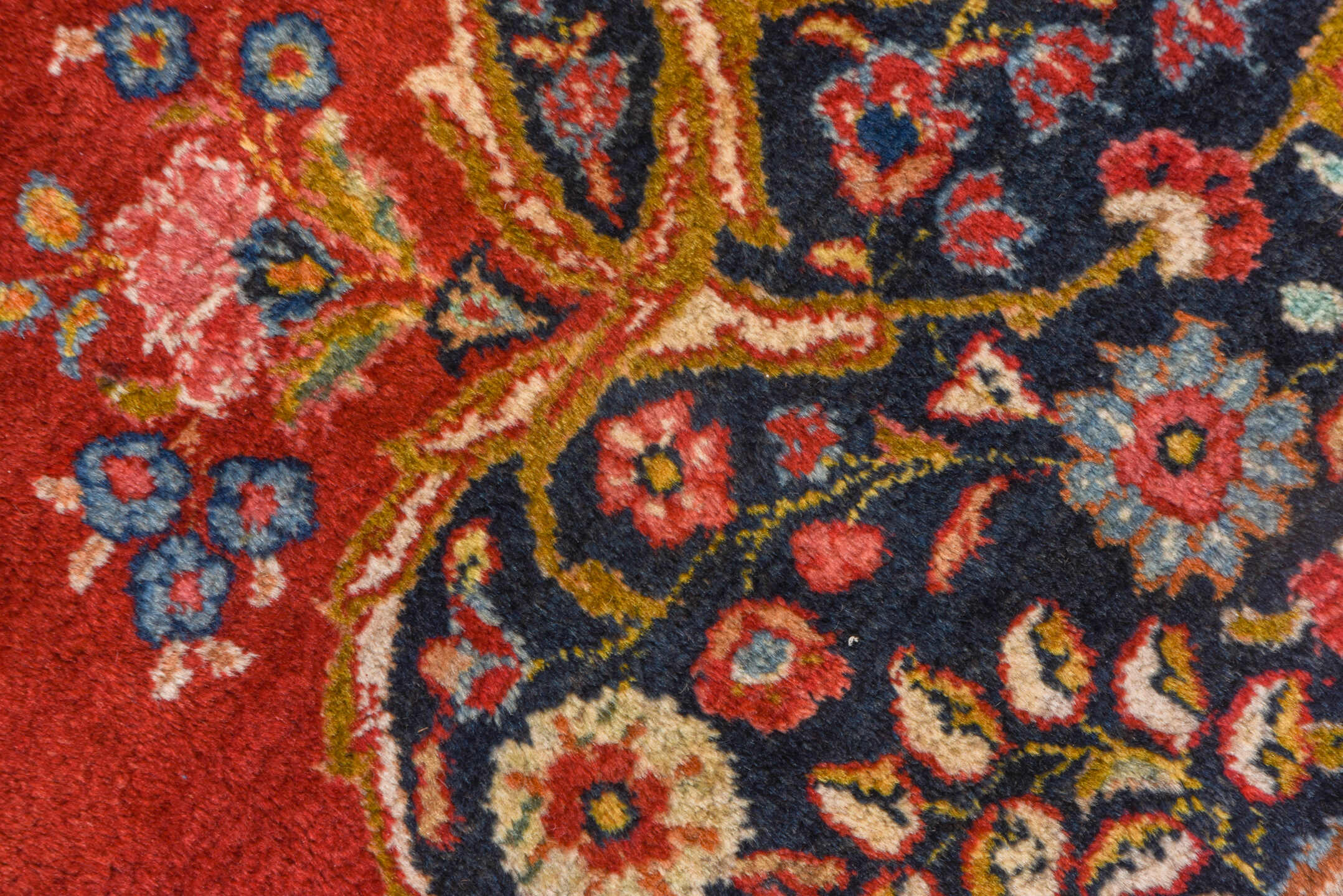 10' x 13' one-of-a-kind handmade antique Sarouk large size rug. Color palette: red, navy, ivory, sky blue, rose, gold, camel