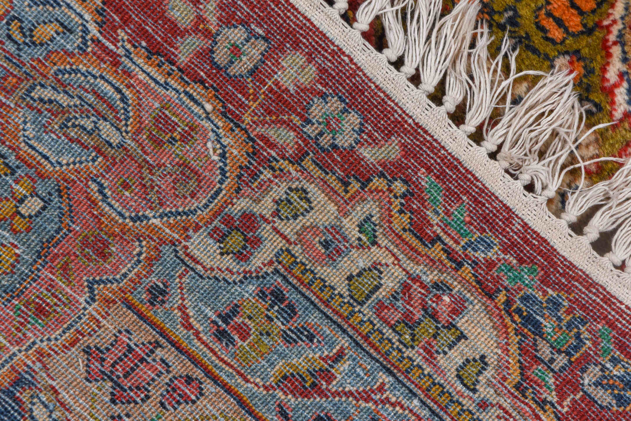 10' x 13' one-of-a-kind handmade antique Sarouk large size rug. Color palette: red, navy, ivory, sky blue, rose, gold, camel