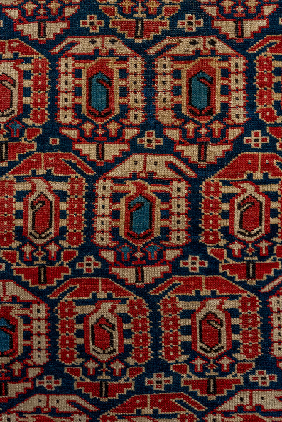 3' x 9' one-of-a-kind handmade antique Kuba runner rug. Color palette: indigo, ivory, rust, sky blue, camel, crimson, navy
