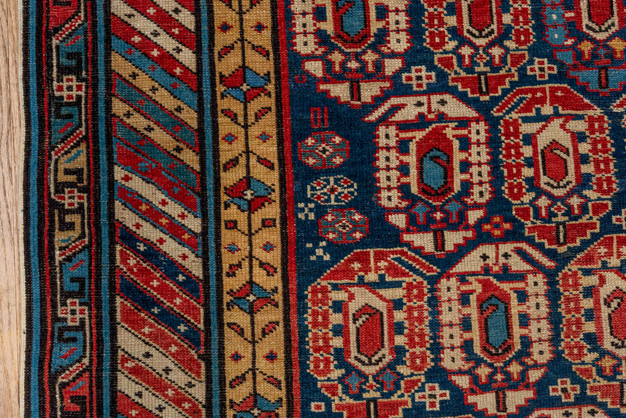 3' x 9' one-of-a-kind handmade antique Kuba runner rug. Color palette: indigo, ivory, rust, sky blue, camel, crimson, navy