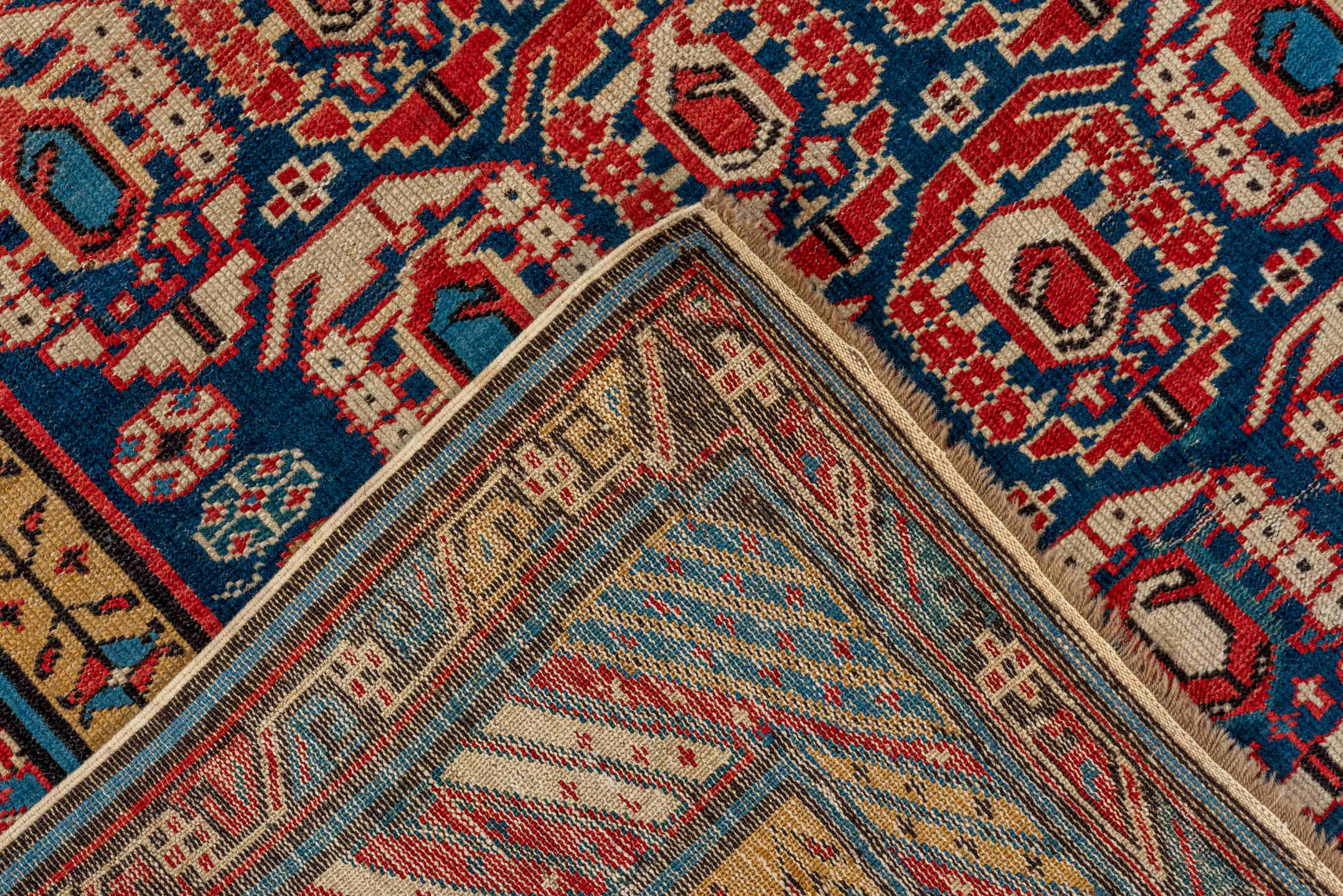 3' x 9' one-of-a-kind handmade antique Kuba runner rug. Color palette: indigo, ivory, rust, sky blue, camel, crimson, navy