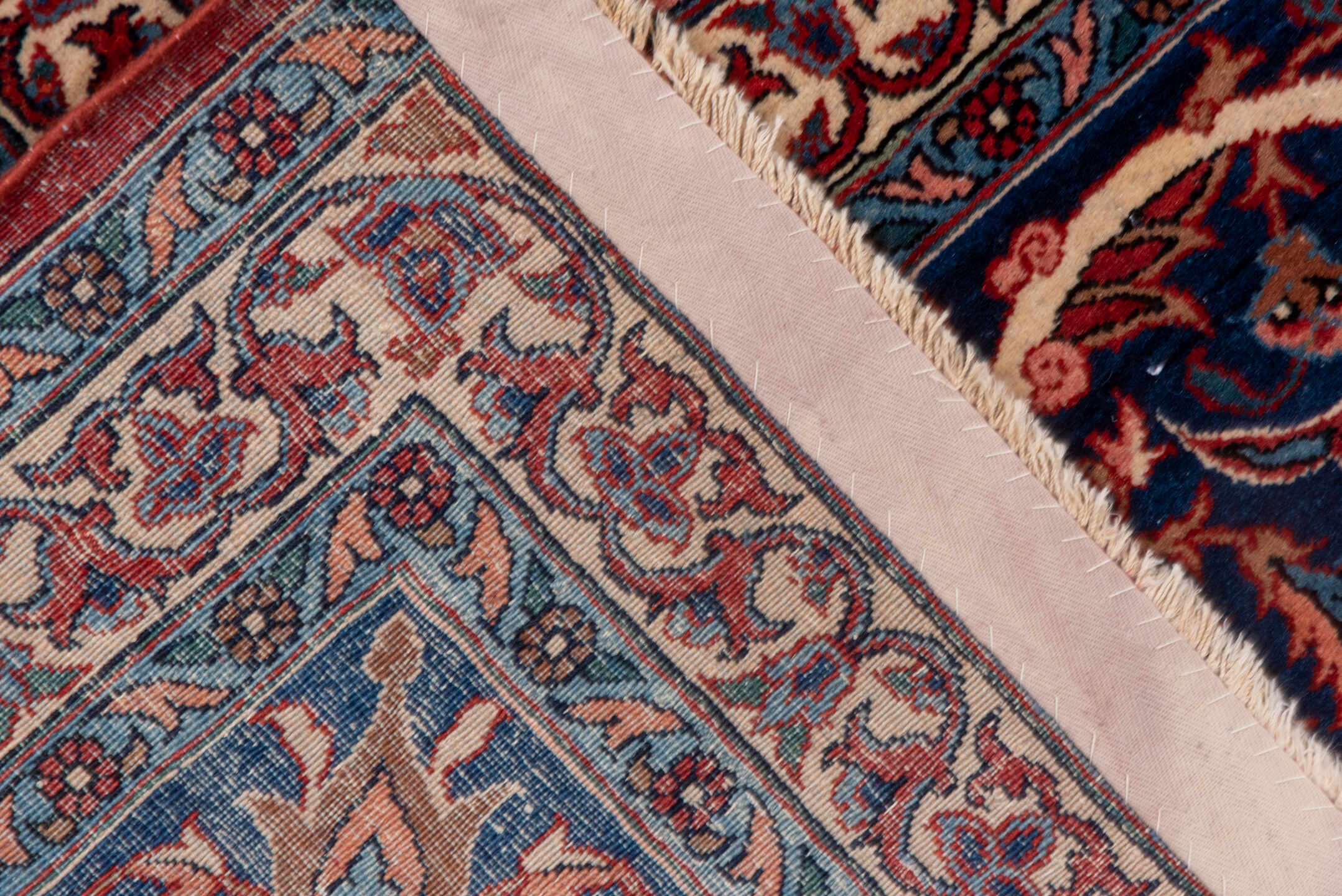 10' x 13' one-of-a-kind handmade antique Isfahan large size rug. Color palette: navy, rust, ivory, crimson, cobalt, camel