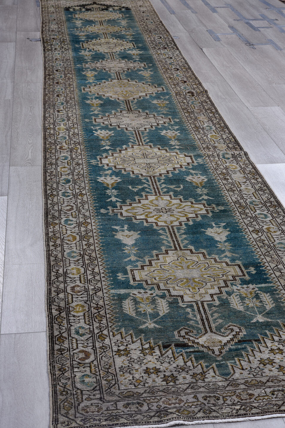 3' x 17' one-of-a-kind handmade antique Malayer runner rug. Color palette: ivory, teal, charcoal, taupe, olive, camel, gray