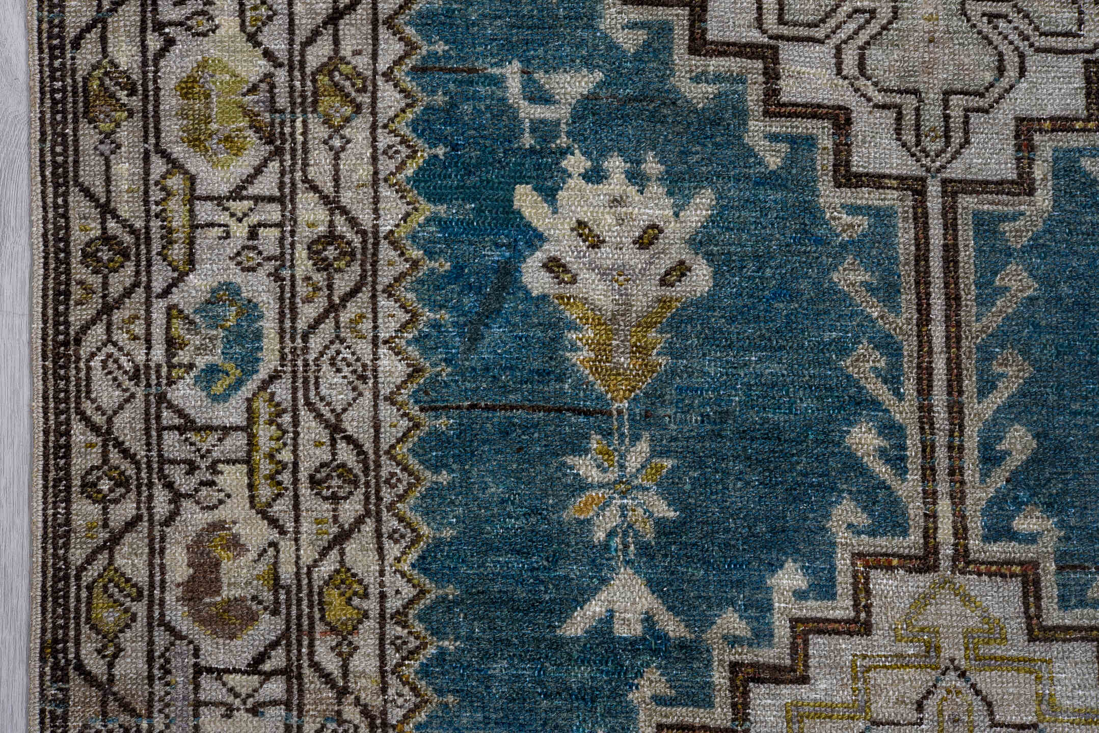 3' x 17' one-of-a-kind handmade antique Malayer runner rug. Color palette: ivory, teal, charcoal, taupe, olive, camel, gray