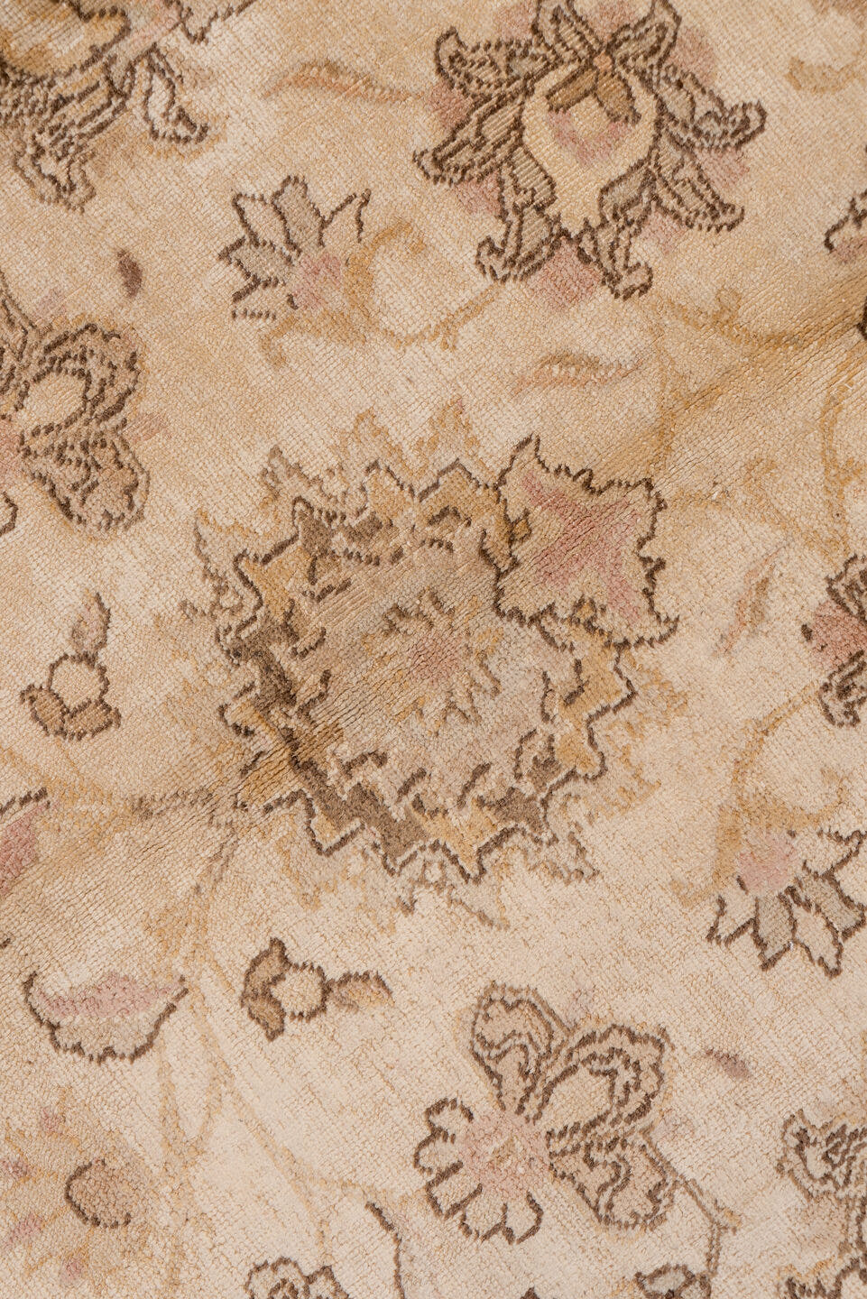 7' x 10' one-of-a-kind handmade antique Tabriz large size rug. Color palette: ivory, blush, taupe, camel, rose, beige, brown