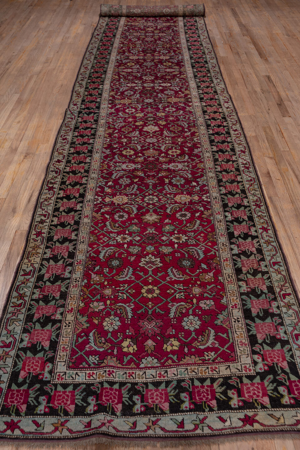 4' x 19' one-of-a-kind handmade vintage Karabagh runner rug. Color palette: brown, gray, pink, red
