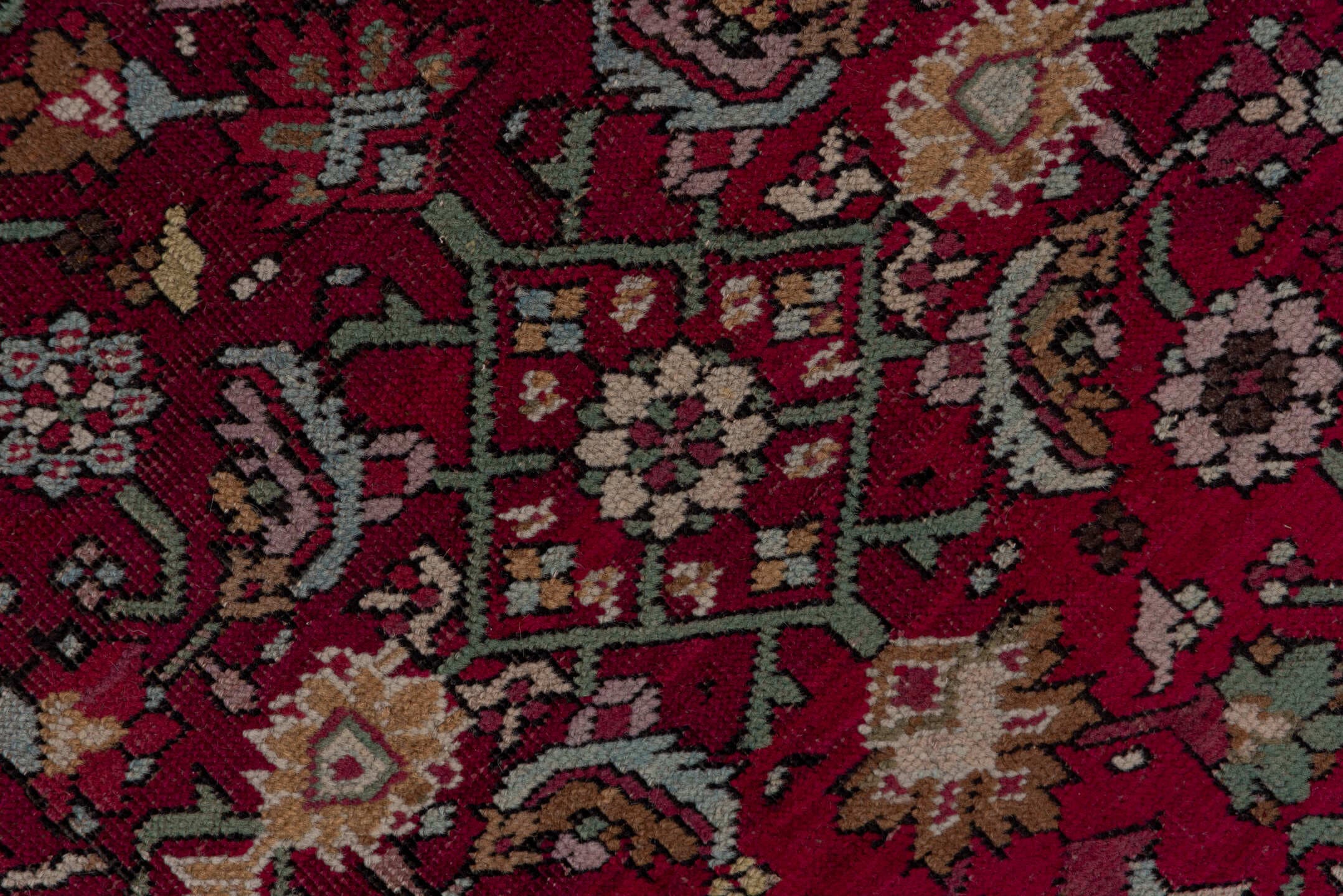 4' x 19' one-of-a-kind handmade antique Karabagh runner rug. Color palette: crimson, ivory, charcoal, rose, sage, taupe