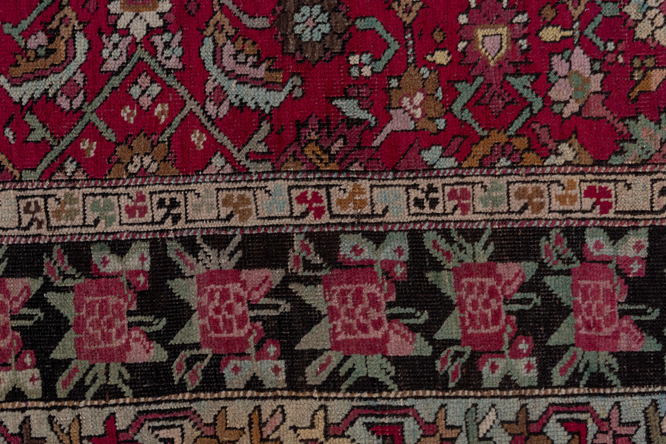4' x 19' one-of-a-kind handmade vintage Karabagh runner rug. Color palette: brown, gray, pink, red