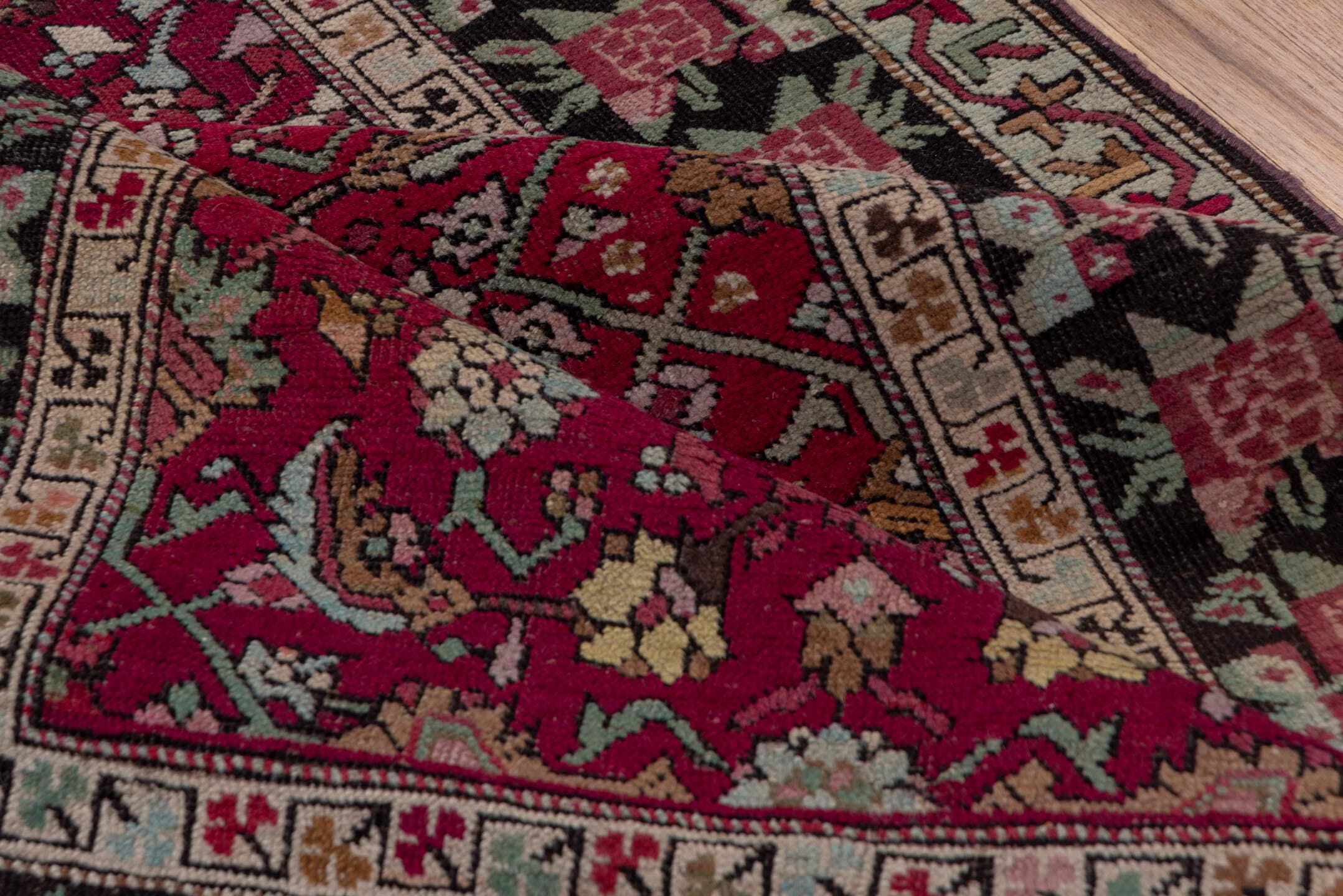 4' x 19' one-of-a-kind handmade antique Karabagh runner rug. Color palette: crimson, ivory, charcoal, rose, sage, taupe