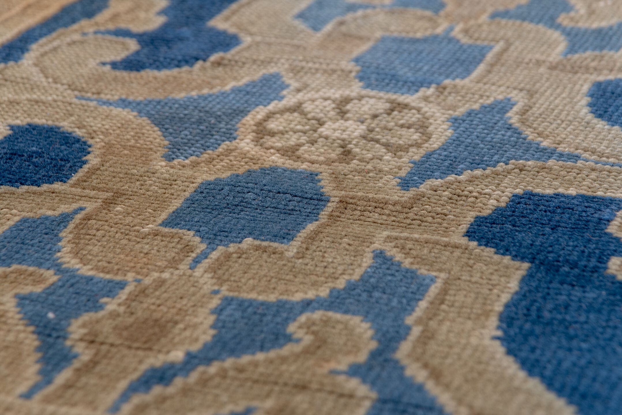 12' x 15' one-of-a-kind handmade antique European oversize rug. Color palette: taupe, blue, ivory, beige, camel, gray
