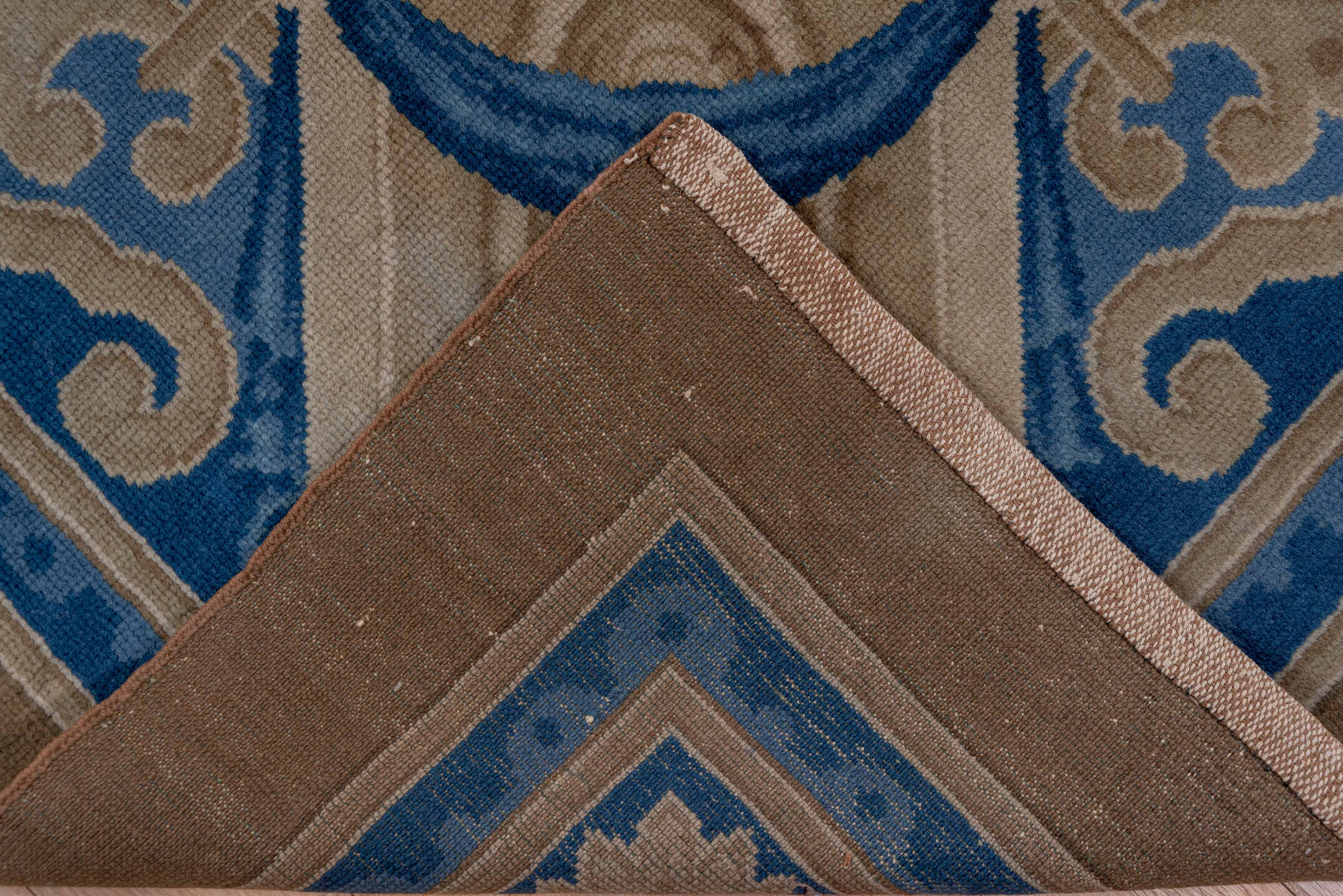12' x 15' one-of-a-kind handmade antique European oversize rug. Color palette: taupe, blue, ivory, beige, camel, gray