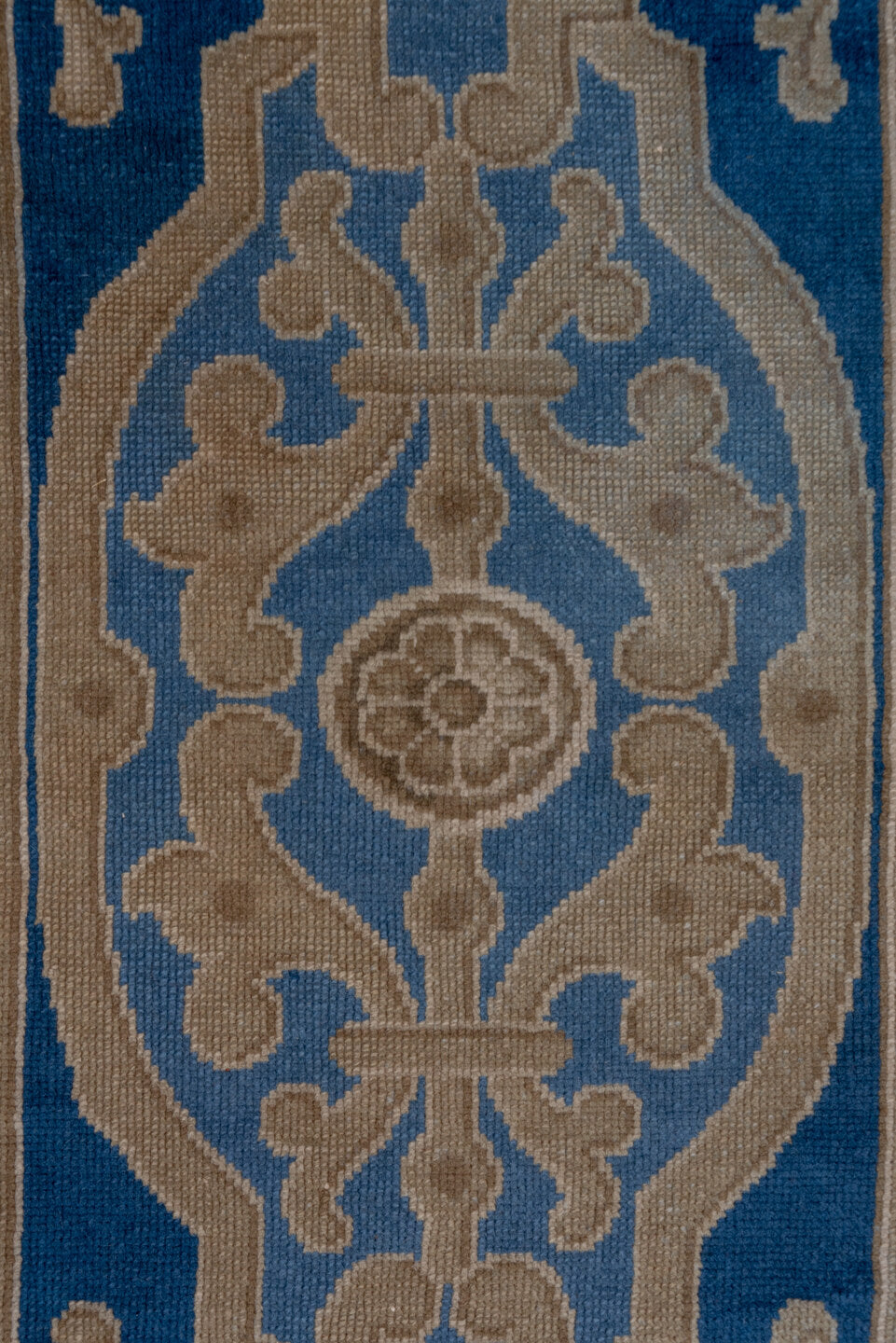 12' x 15' one-of-a-kind handmade vintage European oversize rug. Color palette: blue, brown, fiord, gray, pink, slate gray