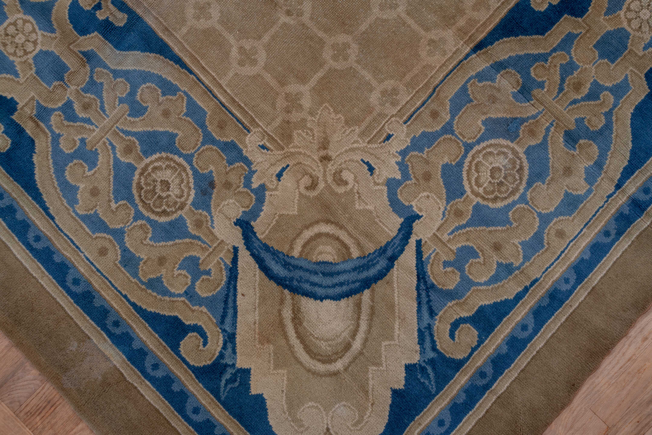 12' x 15' one-of-a-kind handmade antique European oversize rug. Color palette: taupe, blue, ivory, beige, camel, gray