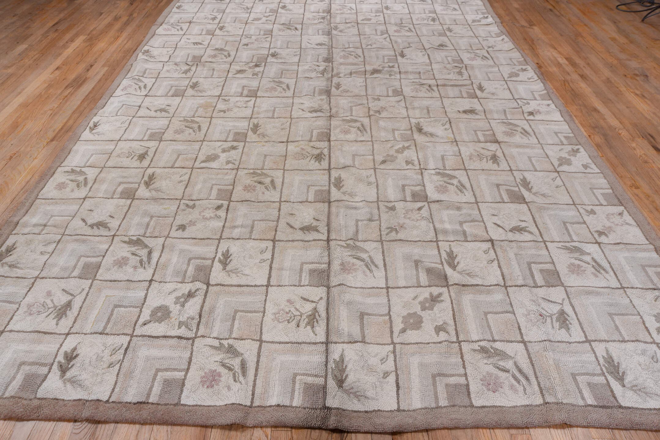 9' x 13' one-of-a-kind handmade antique Hooked large size rug. Color palette: ivory, taupe, beige, blush, sage, brown, gray