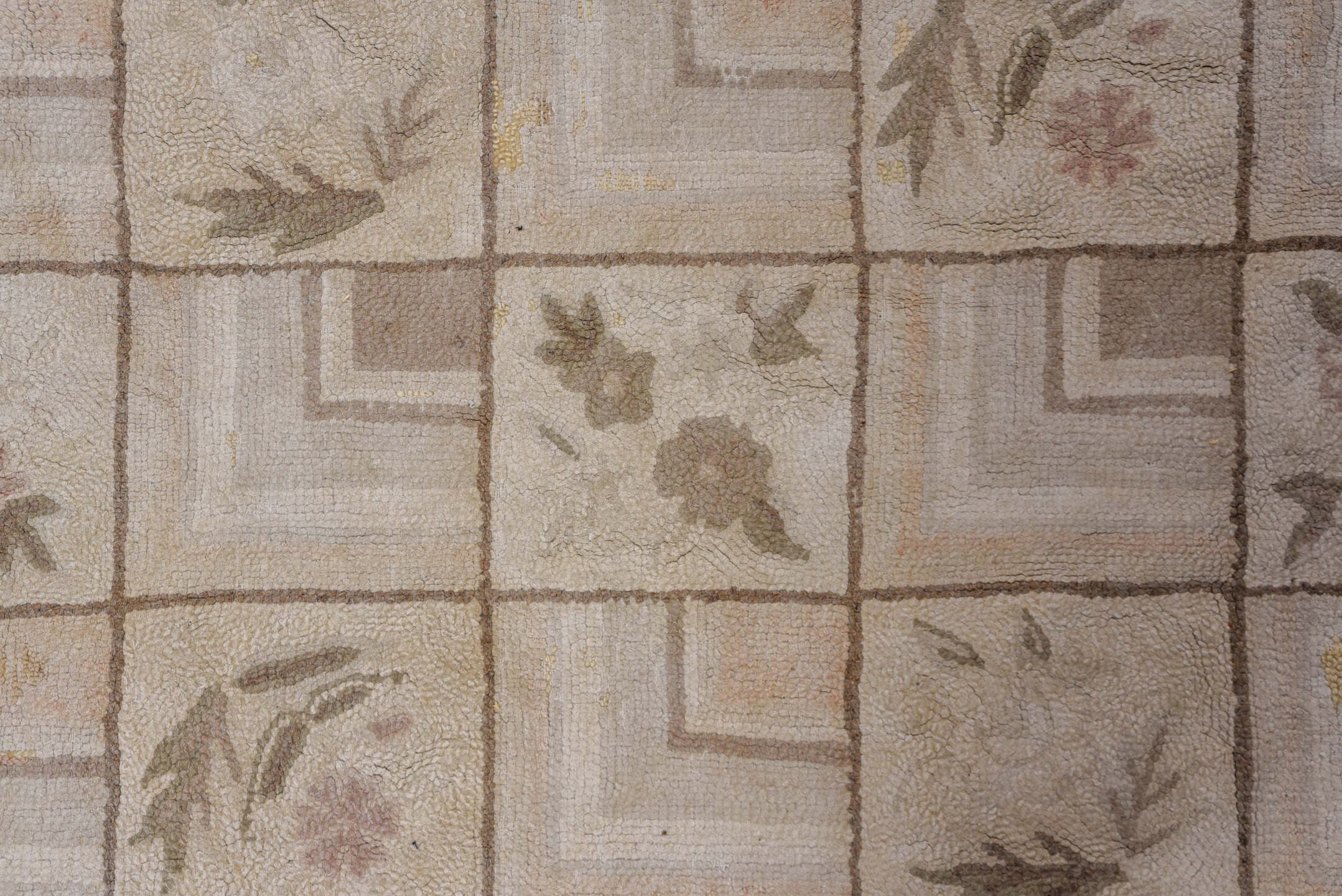9' x 13' one-of-a-kind handmade antique Hooked large size rug. Color palette: ivory, taupe, beige, blush, sage, brown, gray