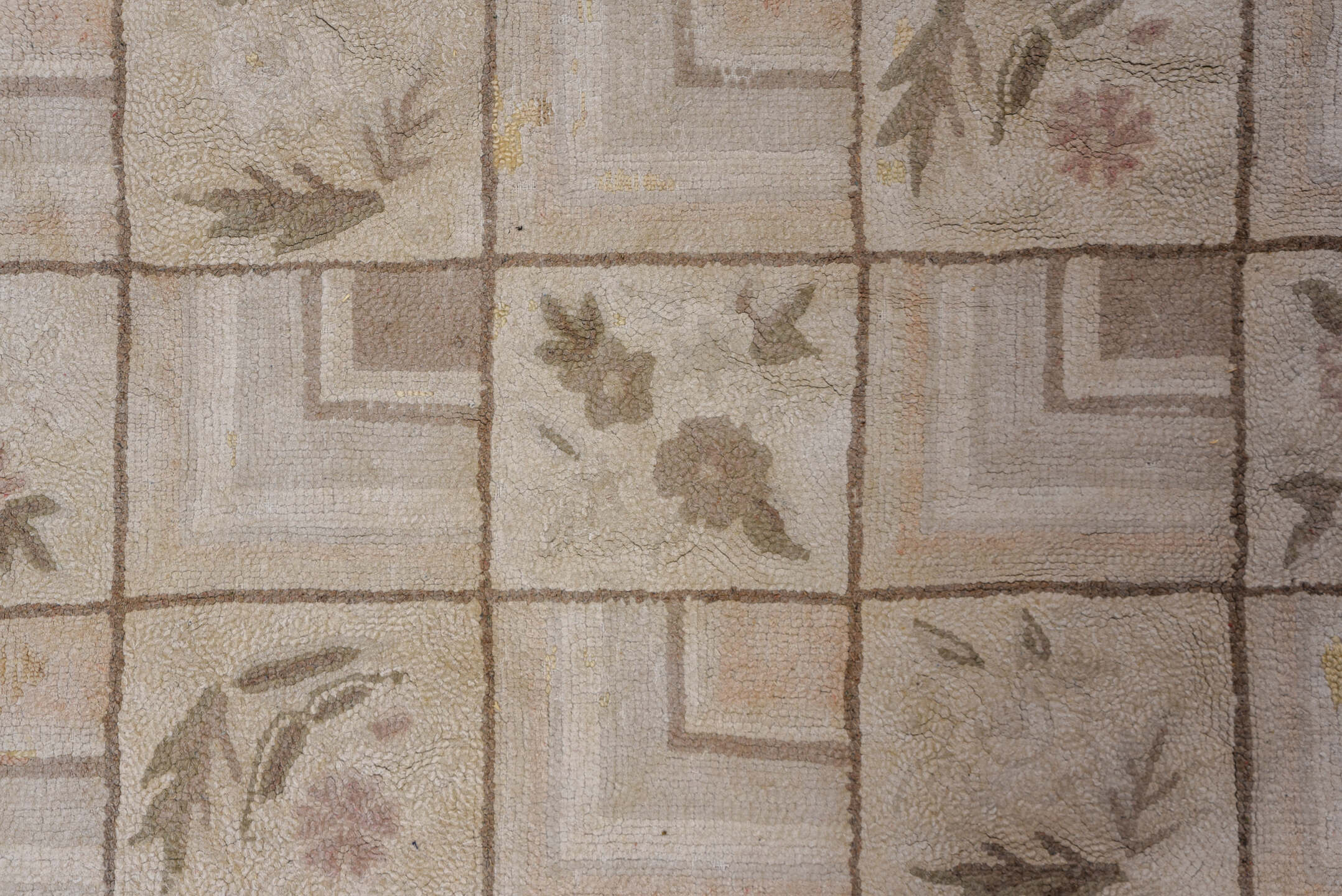 9' x 13' one-of-a-kind handmade vintage Hooked large size rug. Color palette: brown, gray, light gray, off-white, pink